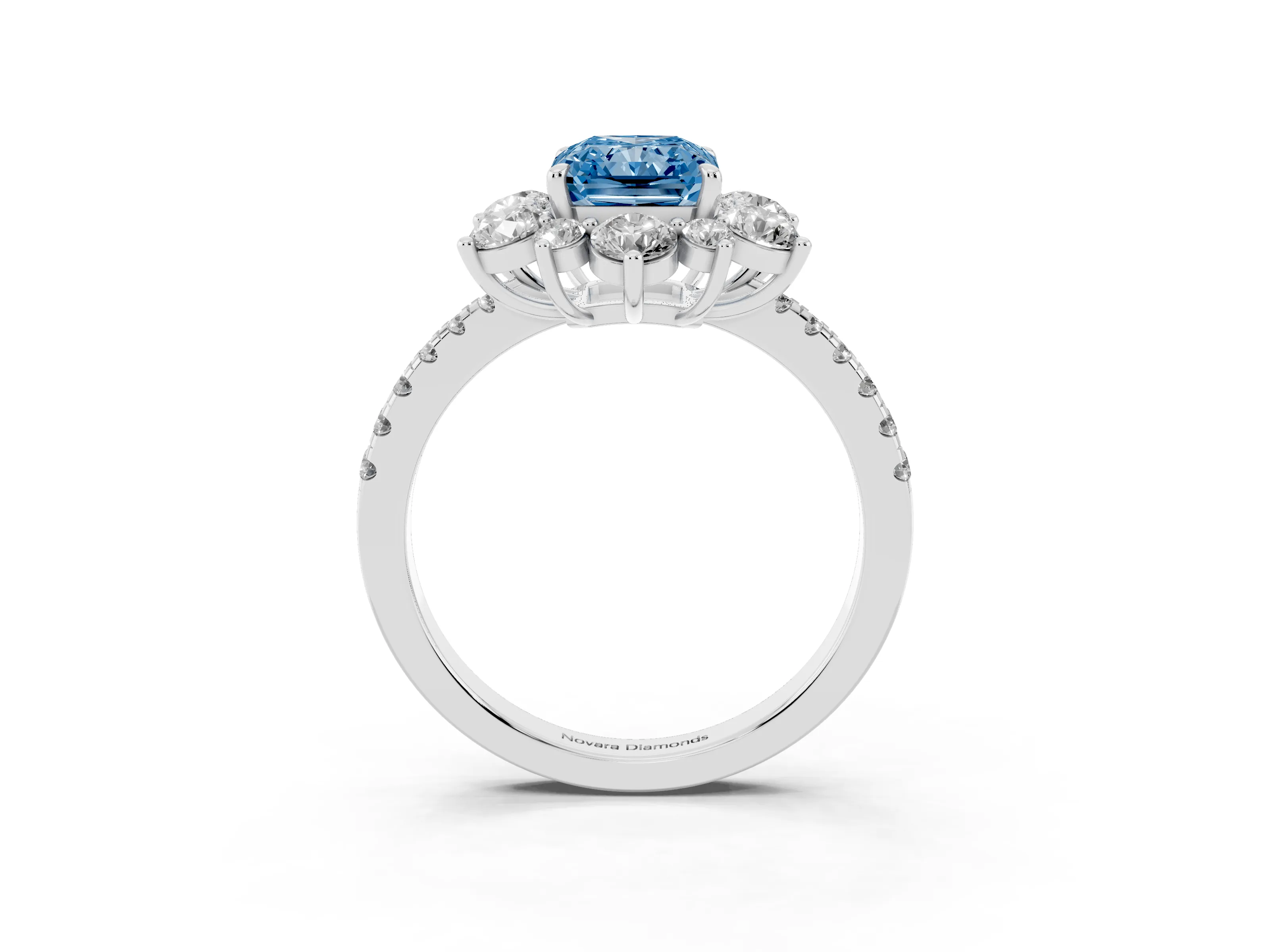 Fancy Blue Radiant Cut Diamond Floral Halo Ring Set in Silver with Round Pavé Band and Prong Setting