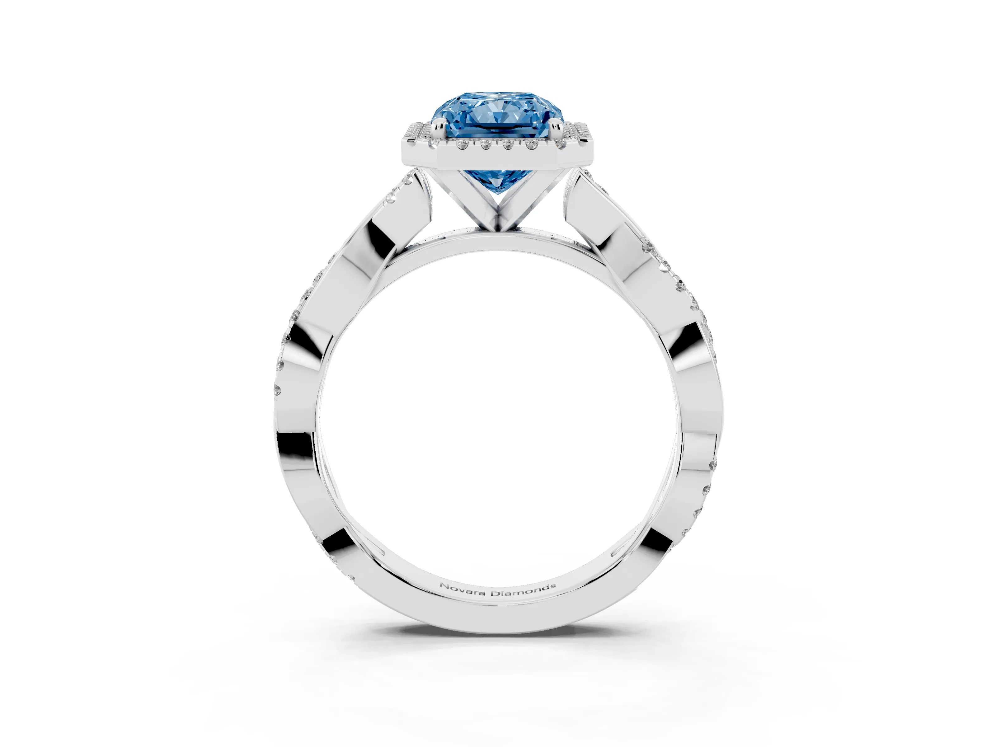 Fancy Blue Radiant Cut Diamond Halo Twisted Band Ring Set in Platinum with Prong Setting