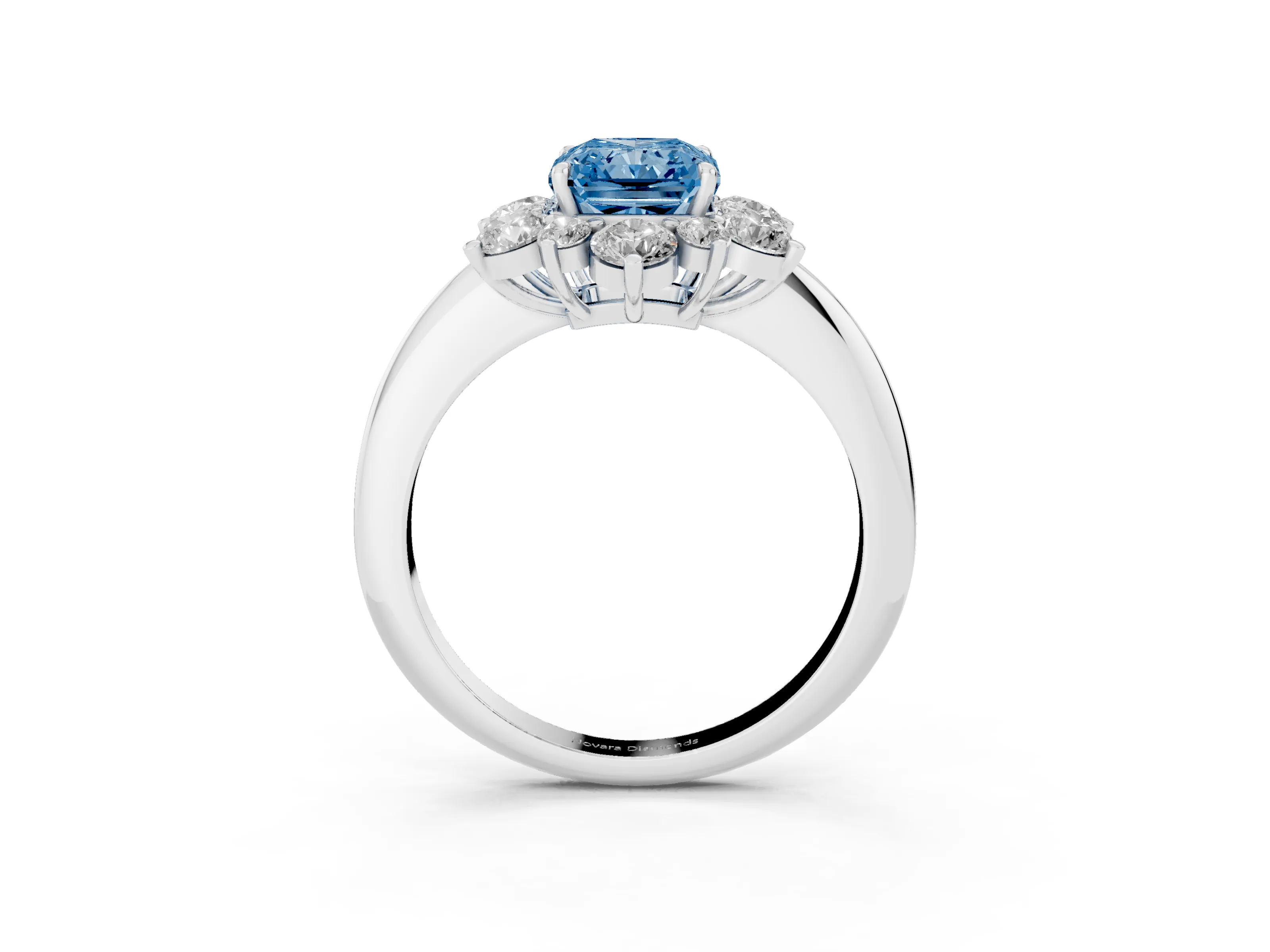 Fancy Blue Radiant Cut Diamond Cluster Halo Ring Set in Platinum with Solitaire Band and Prong Setting