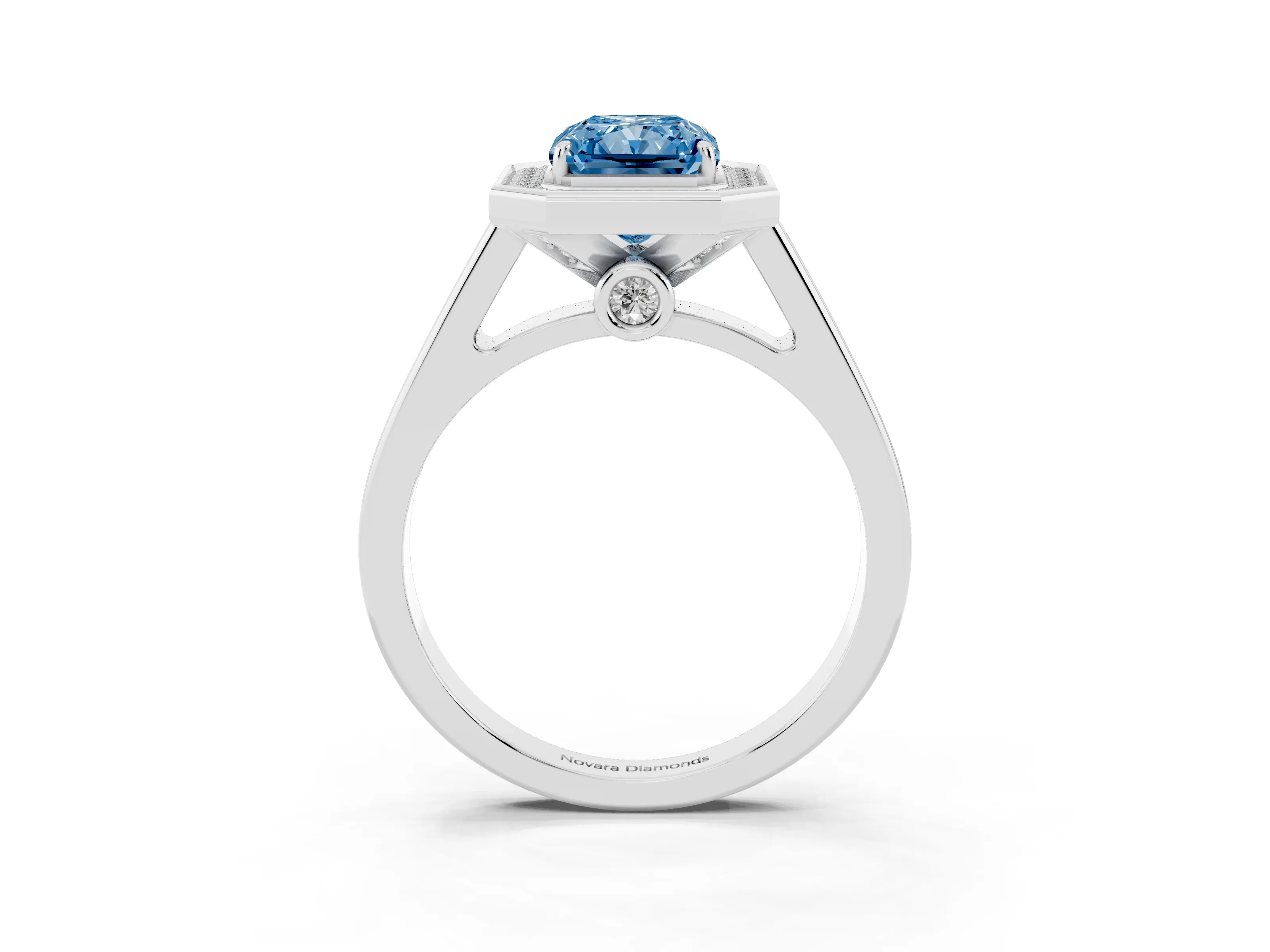 Fancy Blue Radiant Cut Diamond Halo Solitaire Ring Set in White gold with Pavé Band and Bezel Setting
