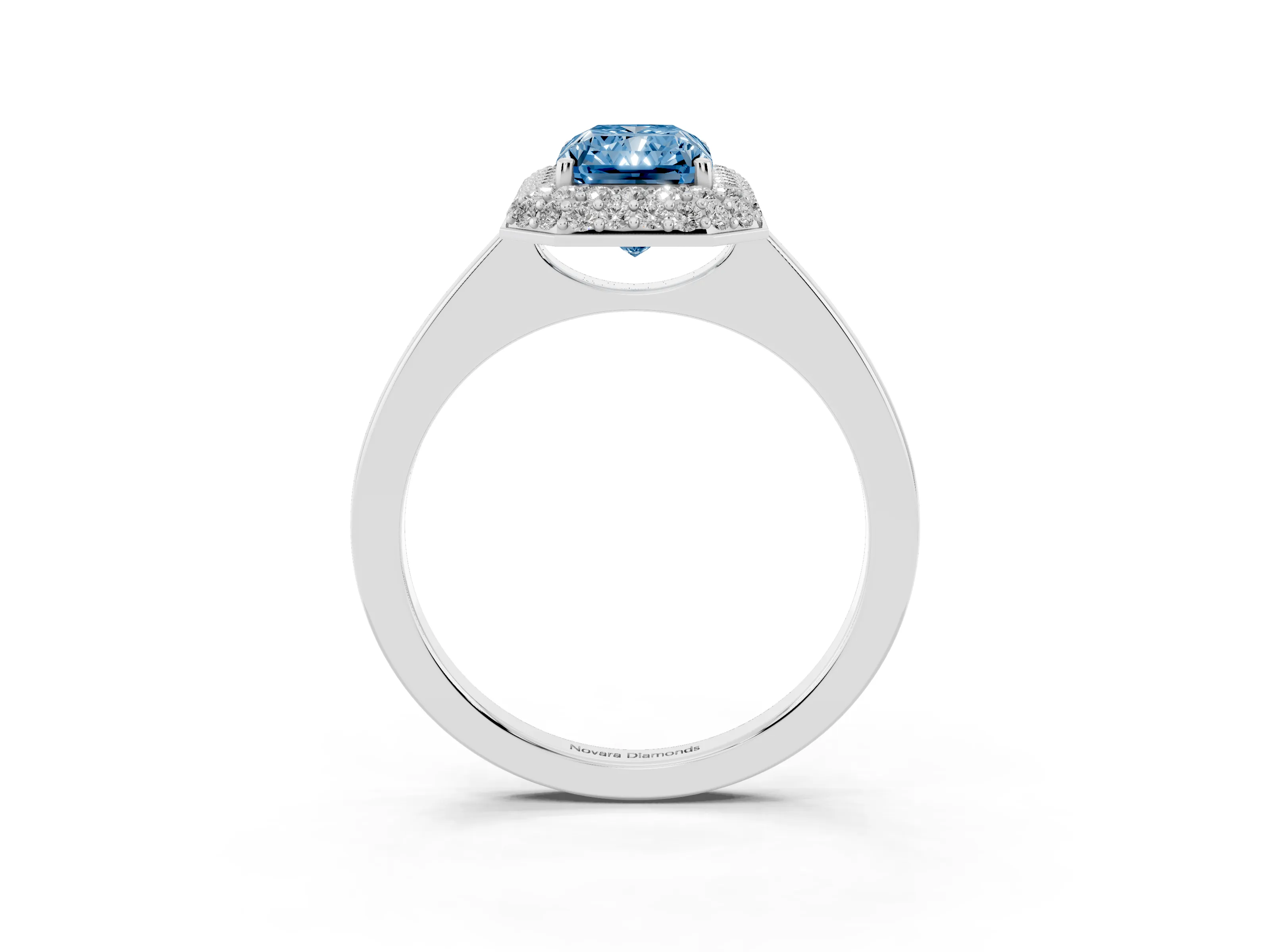 Fancy Blue Radiant Cut Diamond Halo Engagement Ring Set in Platinum with Solitaire Band and Prong Setting