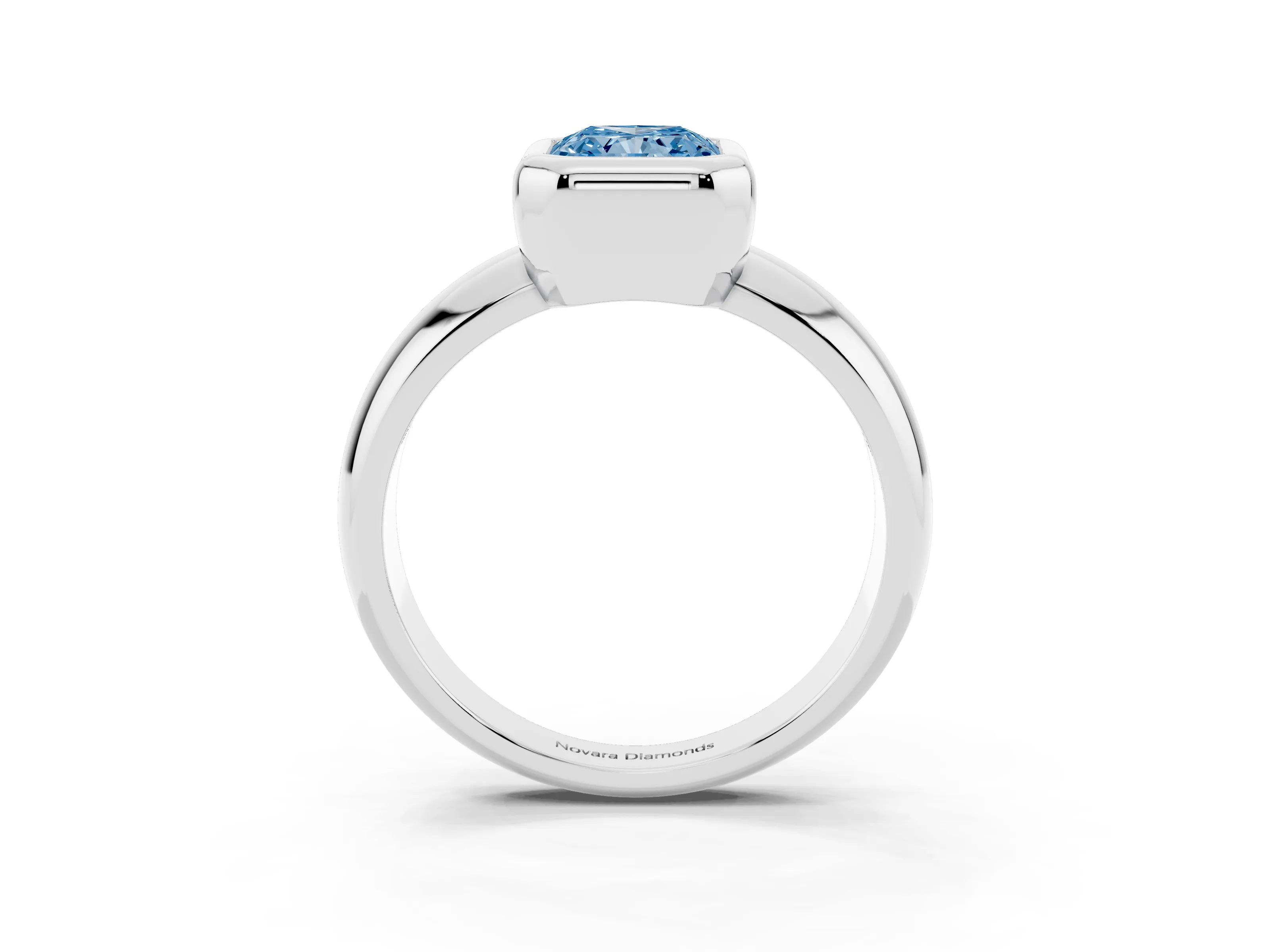 Fancy Blue Bezel Set Radiant Cut Diamond Solitaire Ring Set in Silver with Wide Band