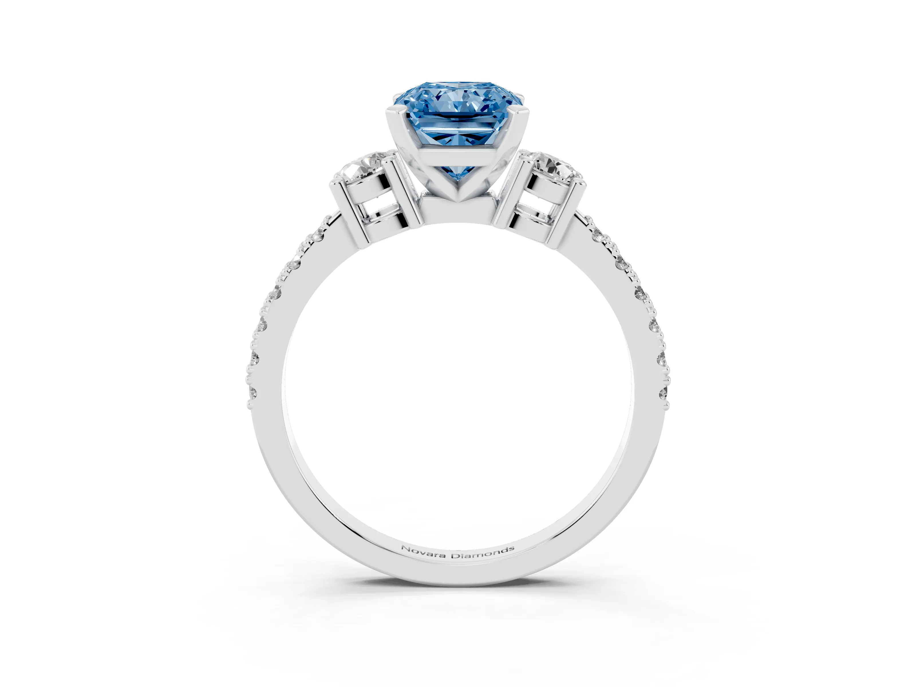 Fancy Blue Three-Stone Radiant Cut Diamond Pavé Band Ring Set in Silver with Prong Setting