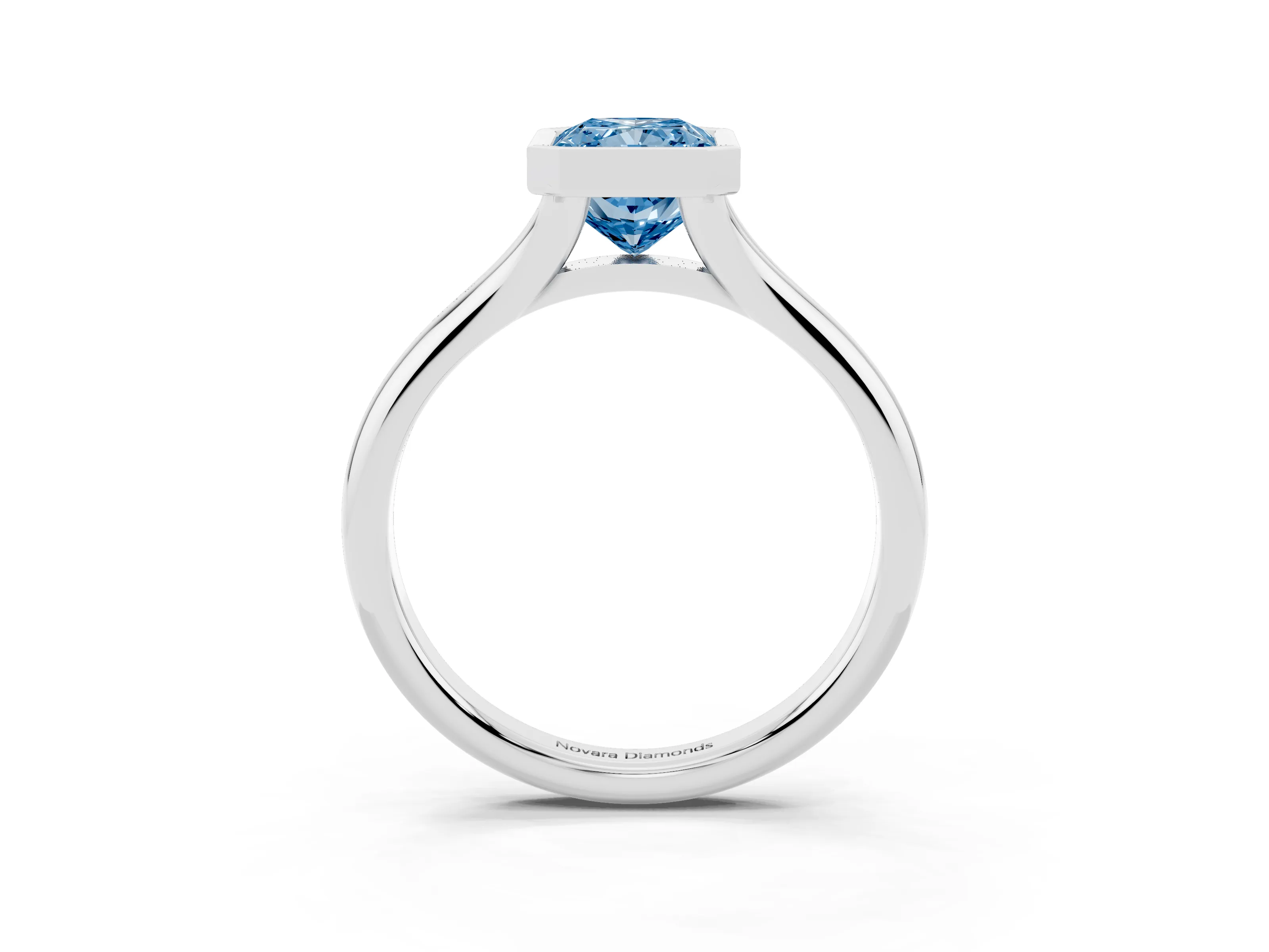 Fancy Blue Bezel Set Radiant Cut Diamond Solitaire Ring Set in Silver with Smooth Band