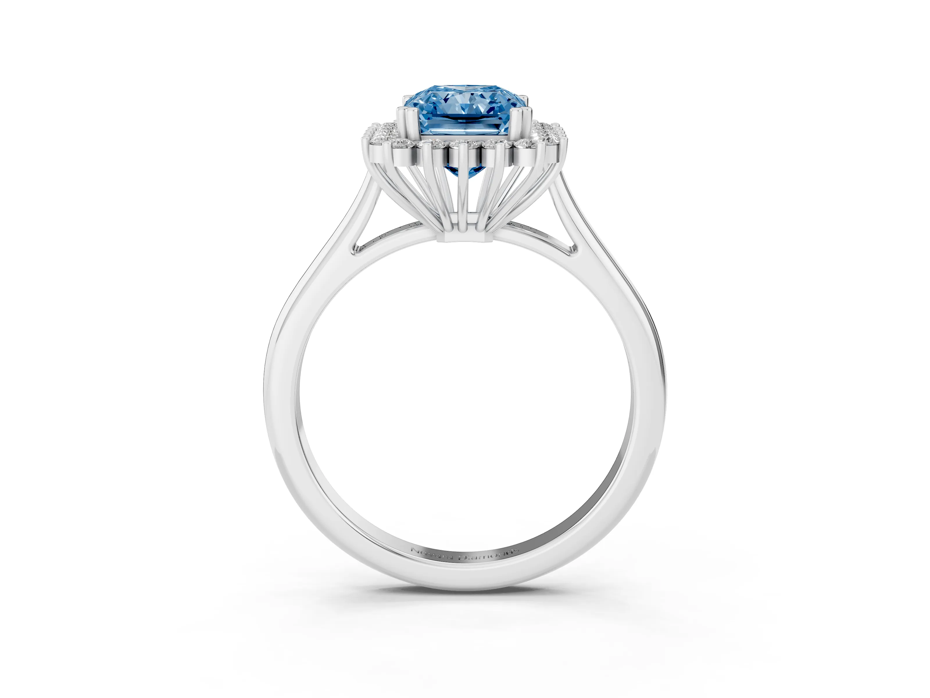 Fancy Blue Radiant Cut Diamond Halo Ring Set in White gold with Plain Solitaire Band and Prong Setting
