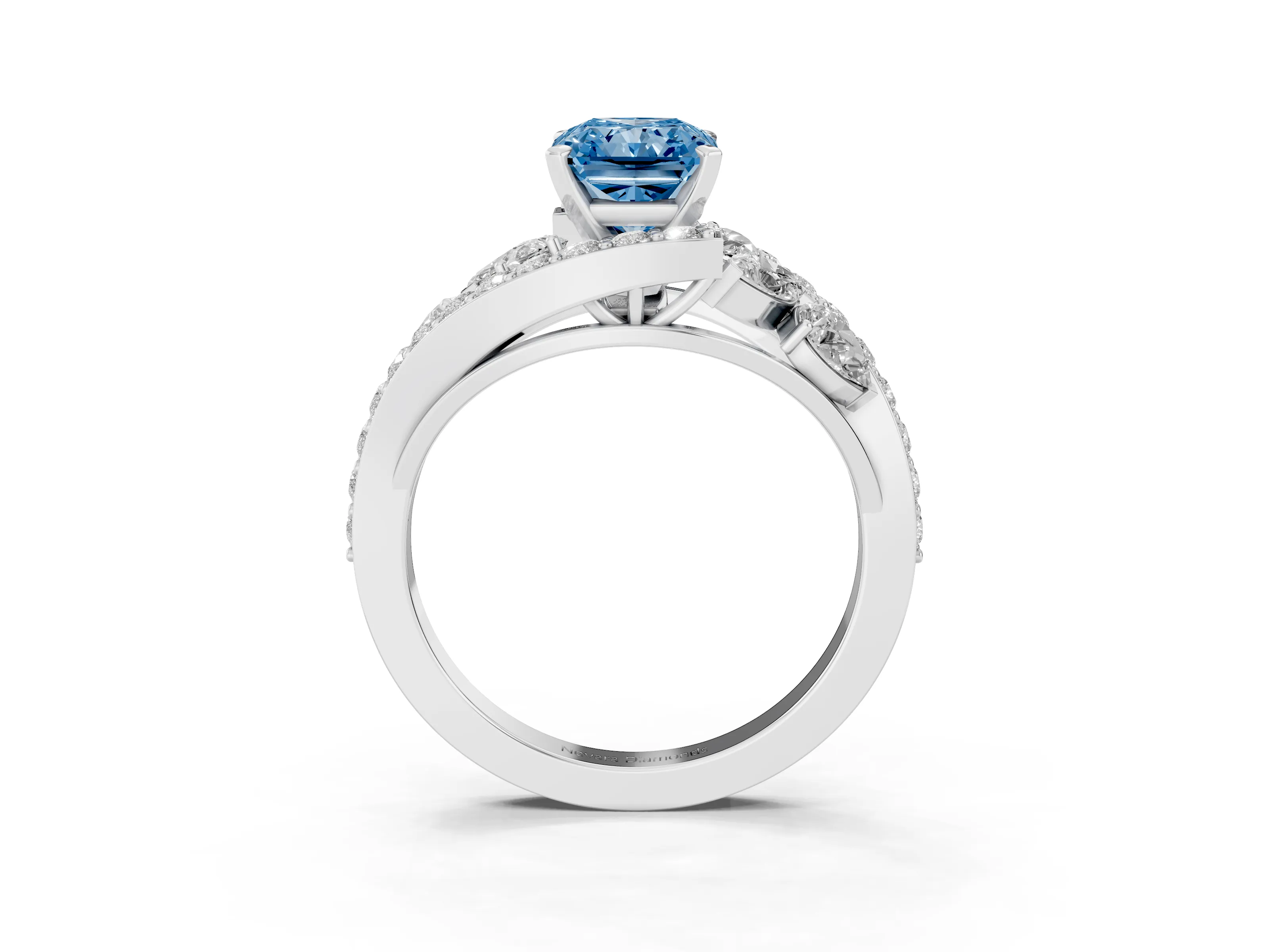Fancy Blue Radiant Cut Diamond Halo Ring Set in White gold with Marquise and Pavé Band in Prong Setting
