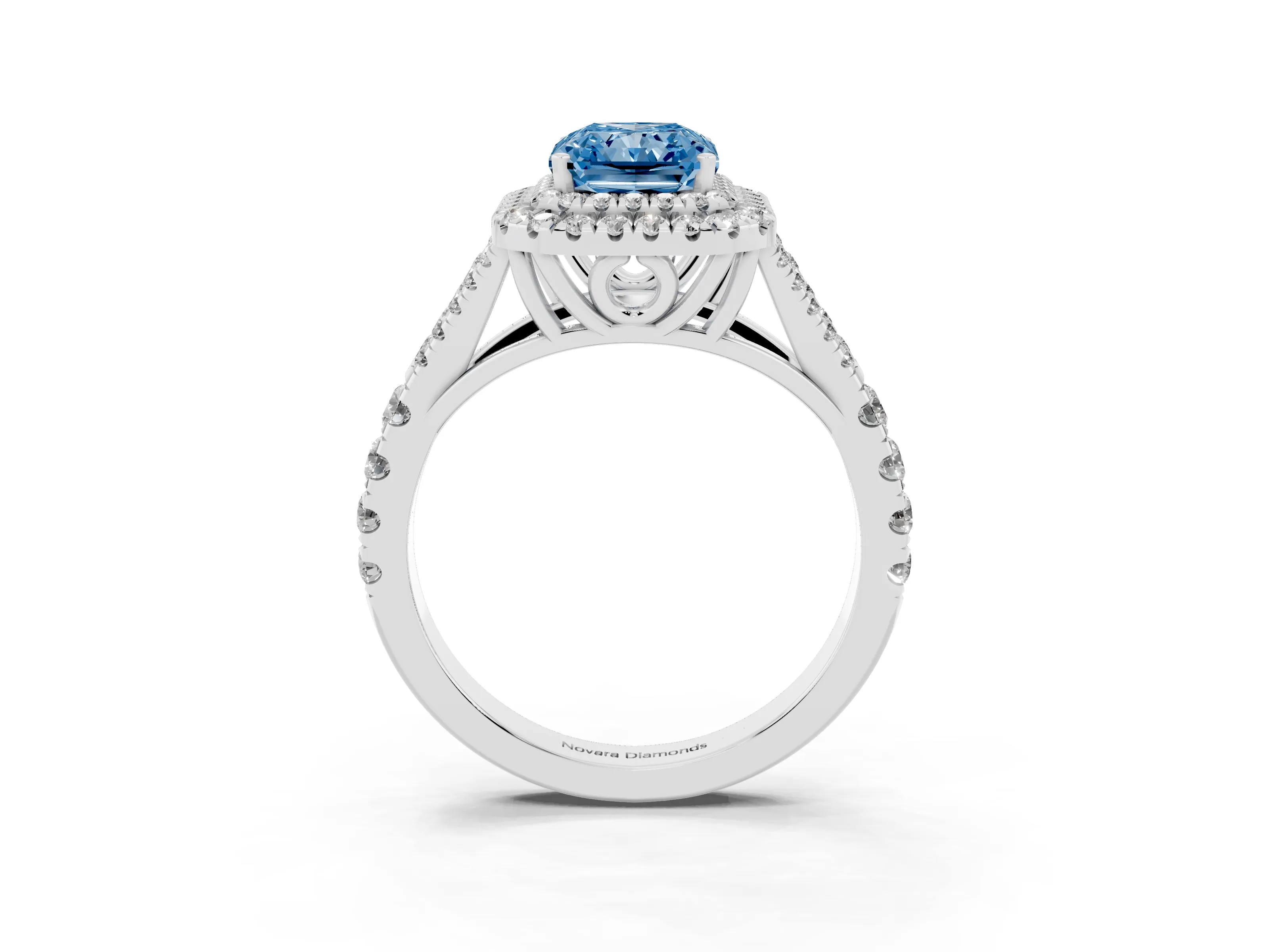 Fancy Blue Radiant Cut Diamond Pavé Split Shank Double Halo Engagement Ring Set in Silver