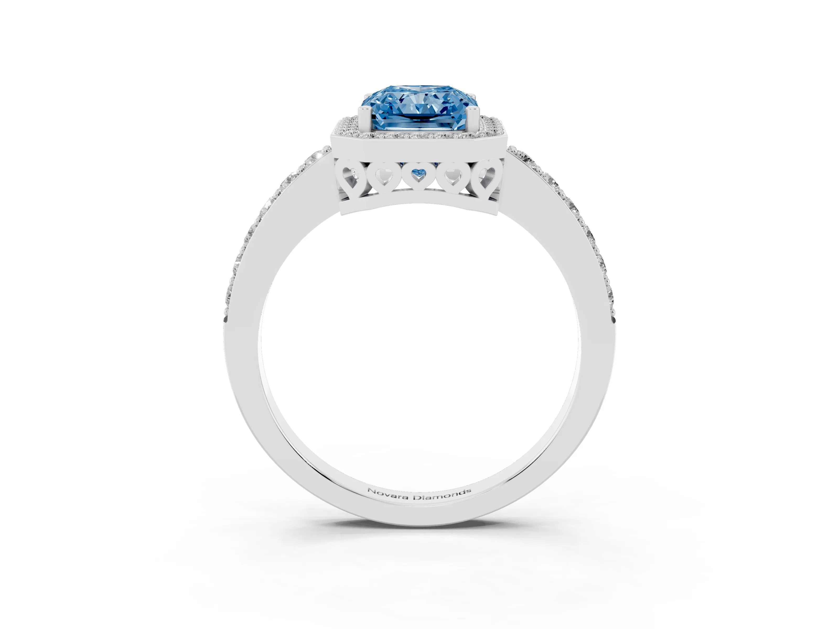 Fancy Blue Radiant Cut Diamond Halo Ring Set in White gold with Pavé-Setting Band and Open Prong Center