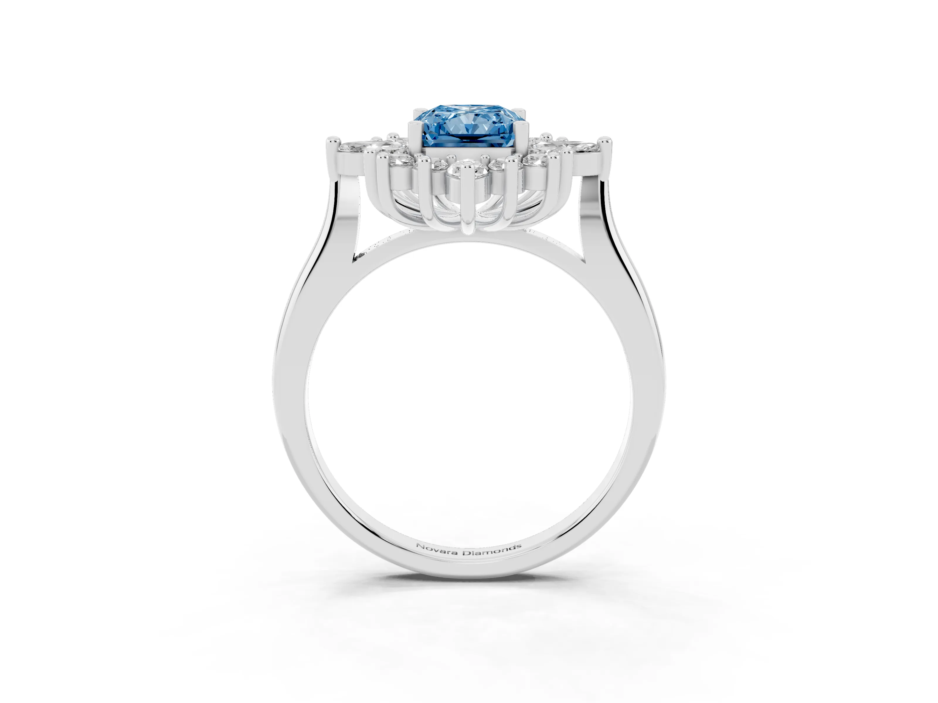 Fancy Blue Radiant Cut Diamond Cluster Halo Ring Set in Platinum with Marquise and Round Accents
