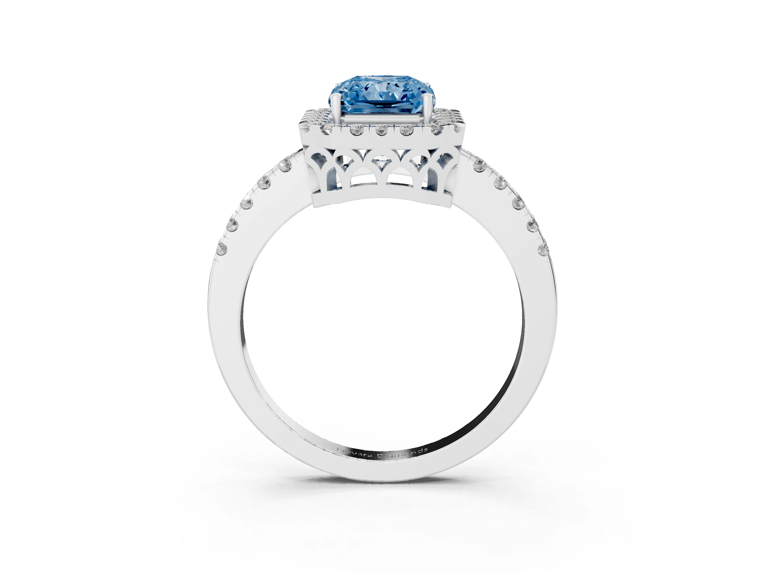 Fancy Blue Radiant Cut Diamond Pavé Band Halo Engagement Ring Set in Platinum with Prong Setting