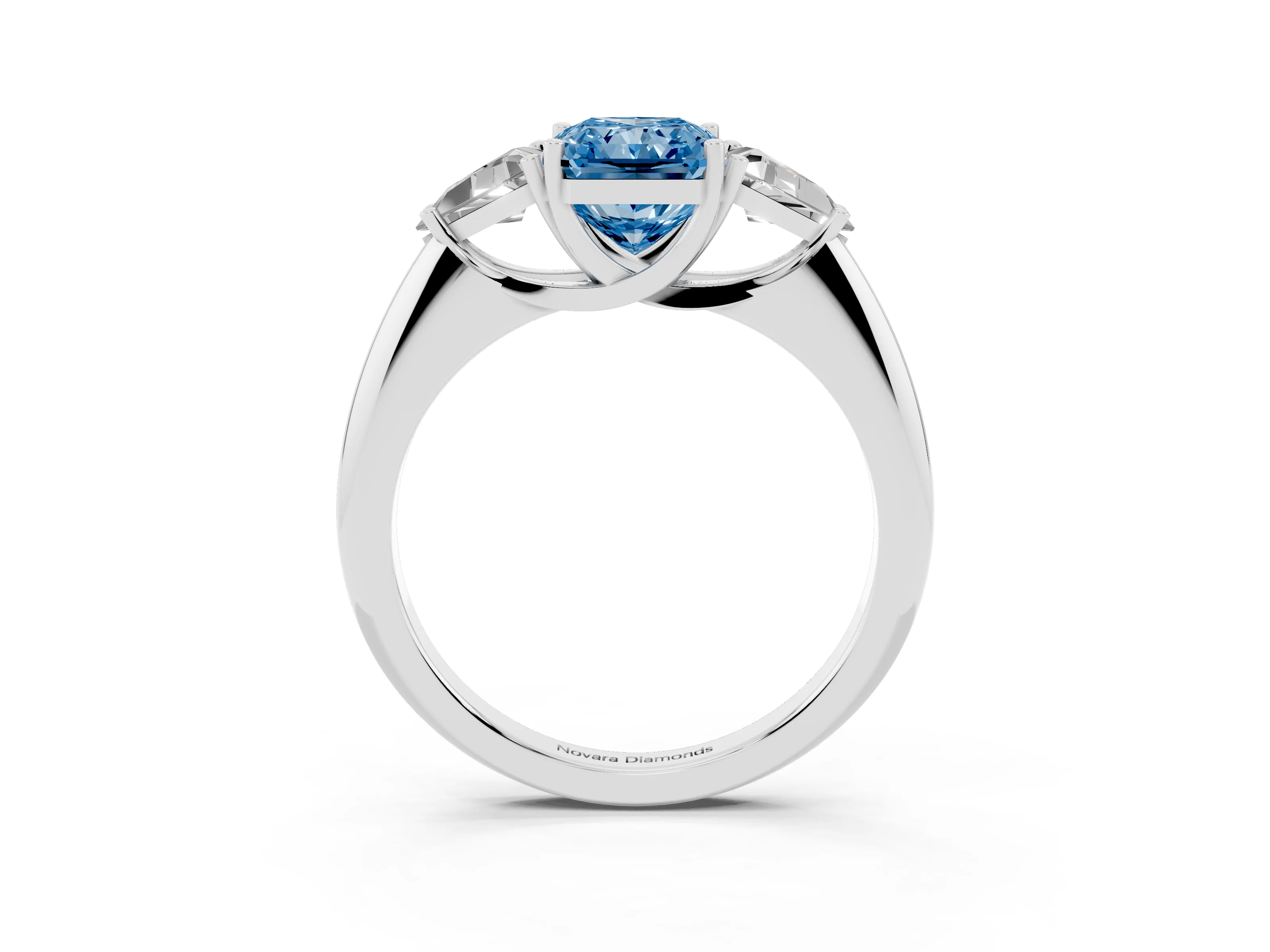 Fancy Blue Radiant Cut Diamond Three-Stone Engagement Ring Set in Silver with Trillion Side Stones