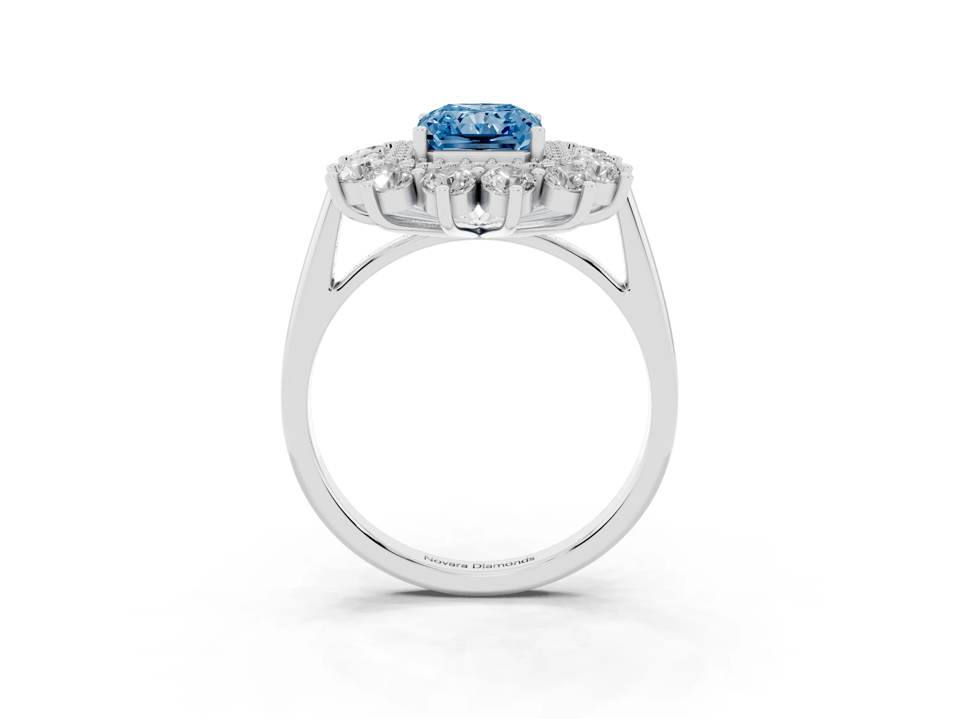 Fancy Blue Radiant Cut Diamond Floral Double Halo Ring Set in Platinum with Round Petals