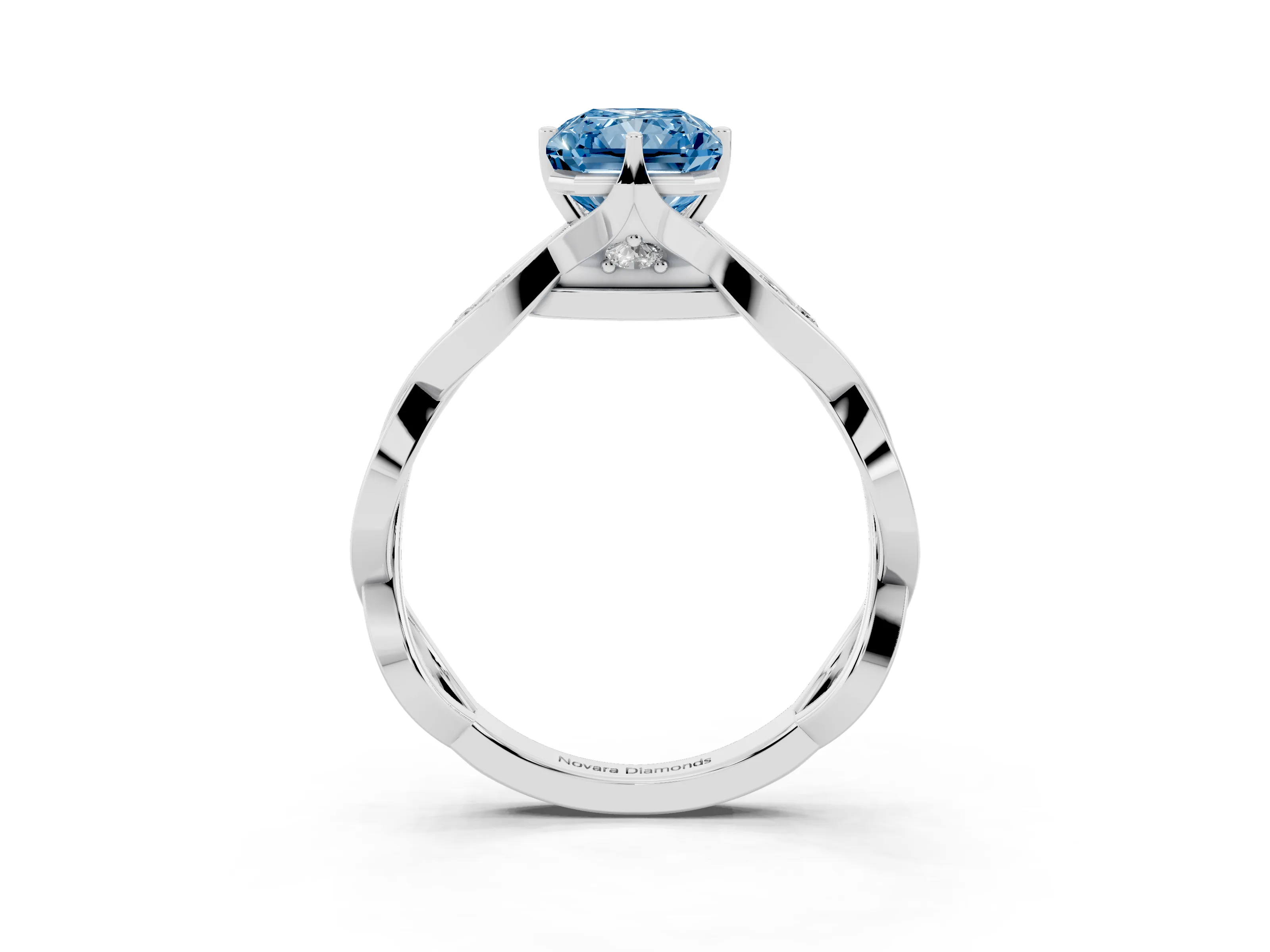 Fancy Blue Radiant Cut Diamond Twist Band Solitaire Ring Set in White gold with Leaf Prong Setting and Accent Stones