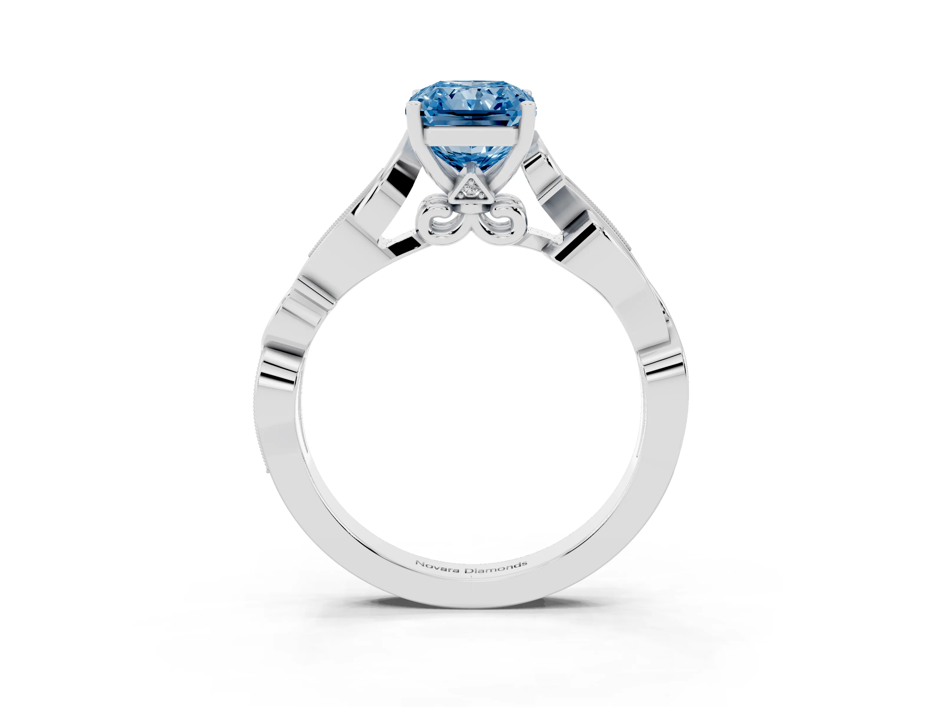Fancy Blue Radiant Cut Diamond Vine Band Solitaire Ring Set in Platinum with Milgrain Prong Setting