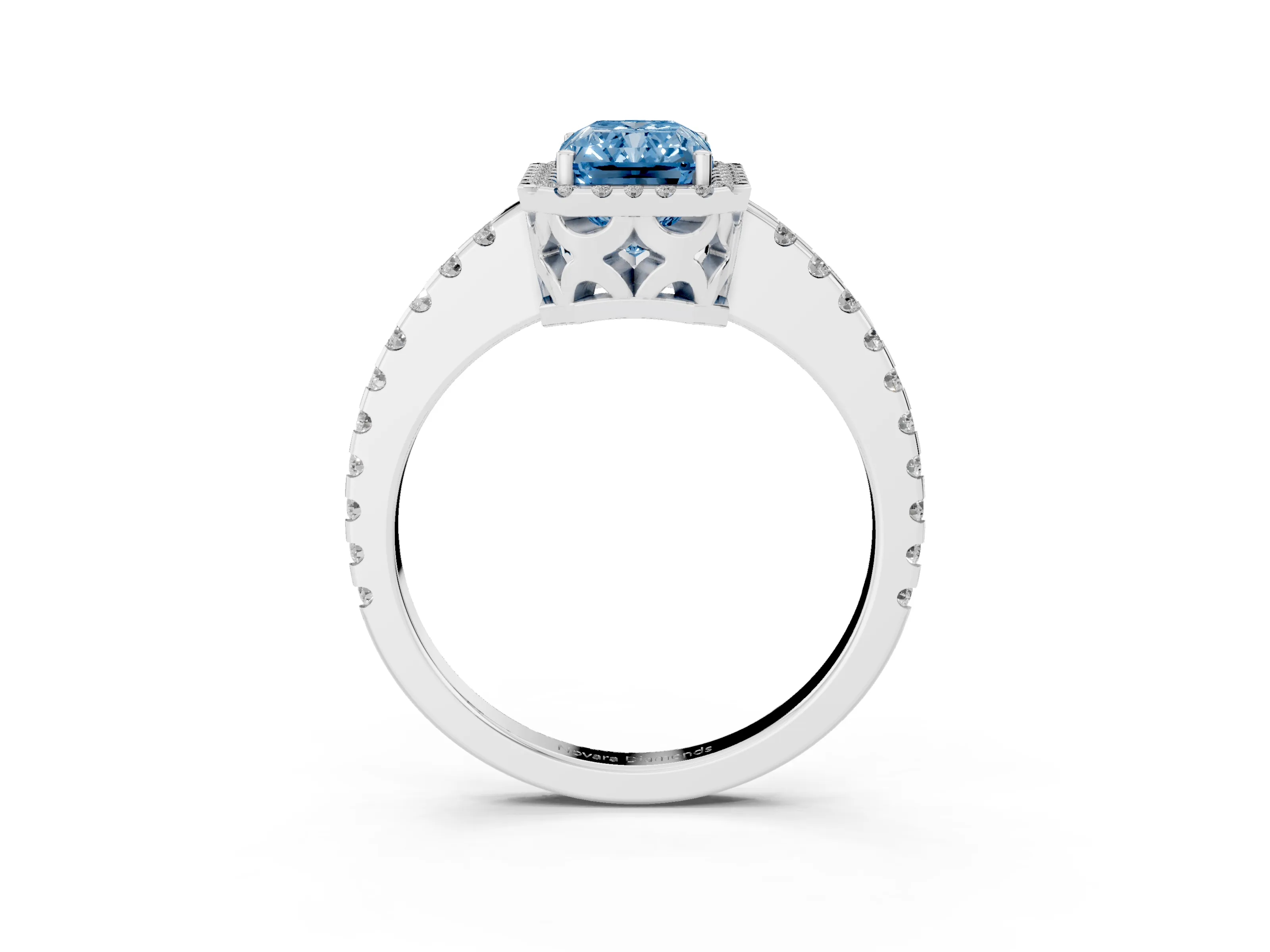 Fancy Blue Radiant Cut Diamond Halo Ring Set in Platinum with Pavé Shoulders and Halo-Framed Center