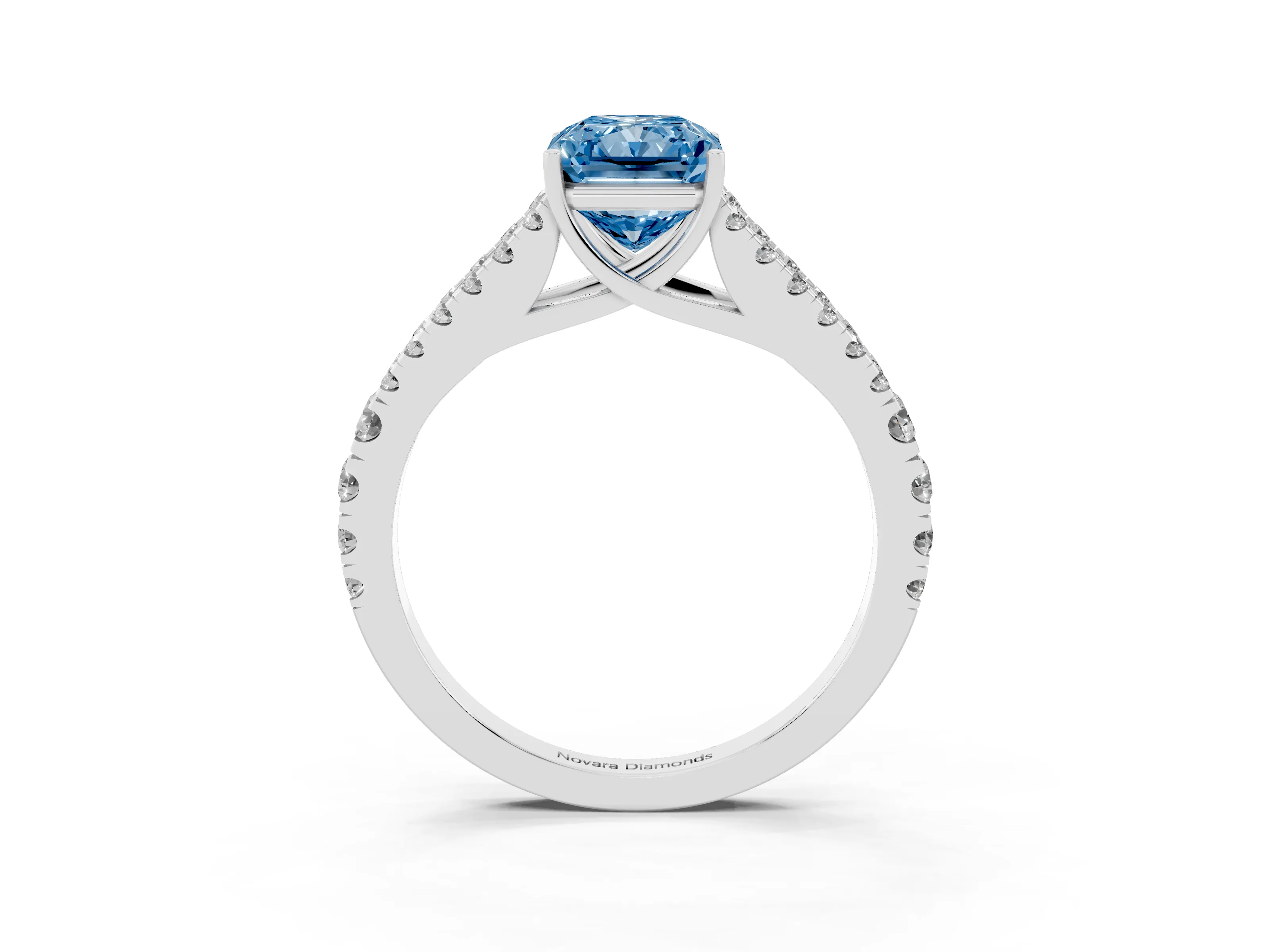 Fancy Blue Radiant Cut Diamond Split Shank Pavé Engagement Ring Set in Platinum with Prong-Held Center Stone