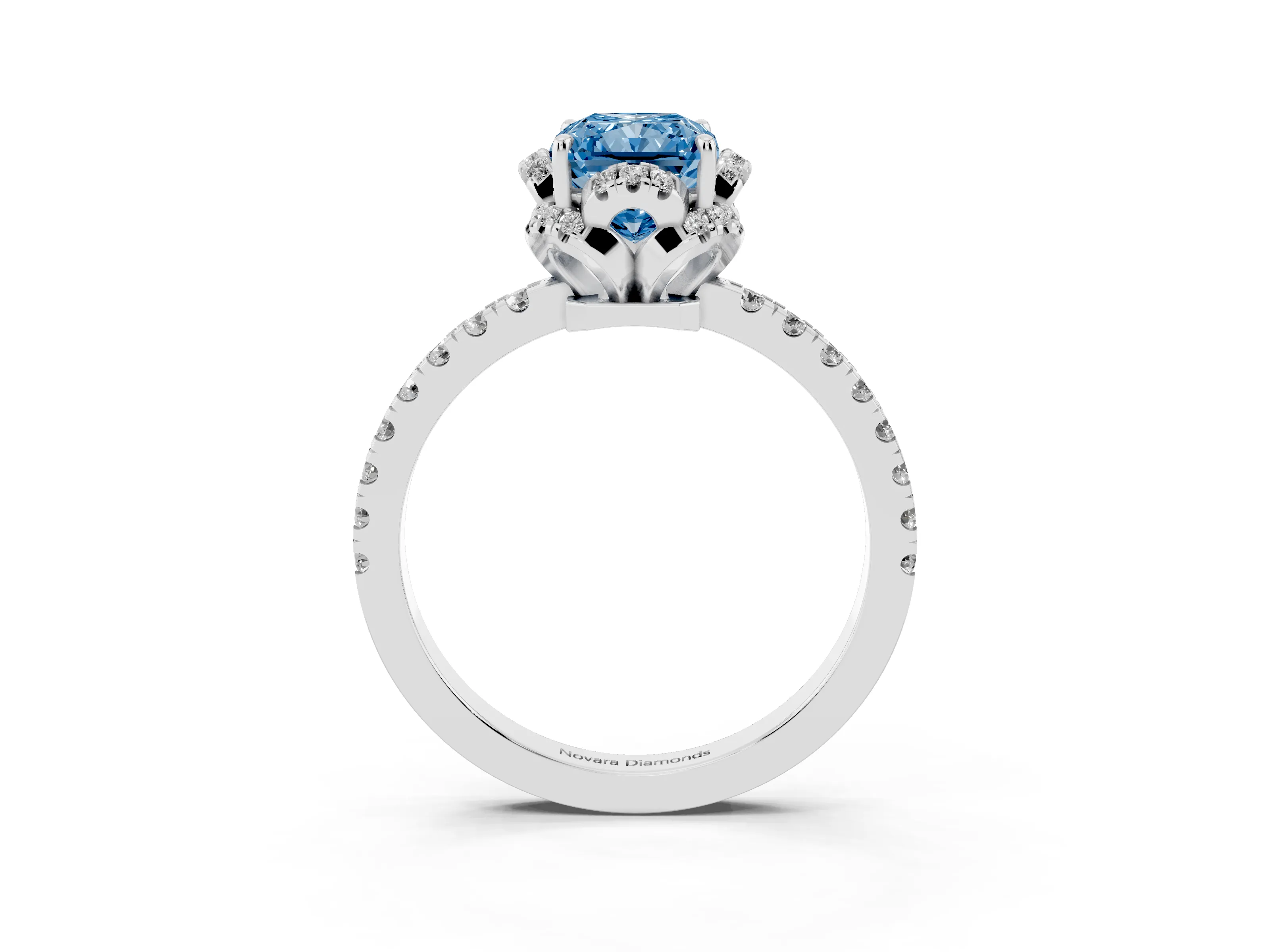 Fancy Blue Radiant Cut Diamond Halo Pavé Band Ring Set in Silver with Prong-Held Center