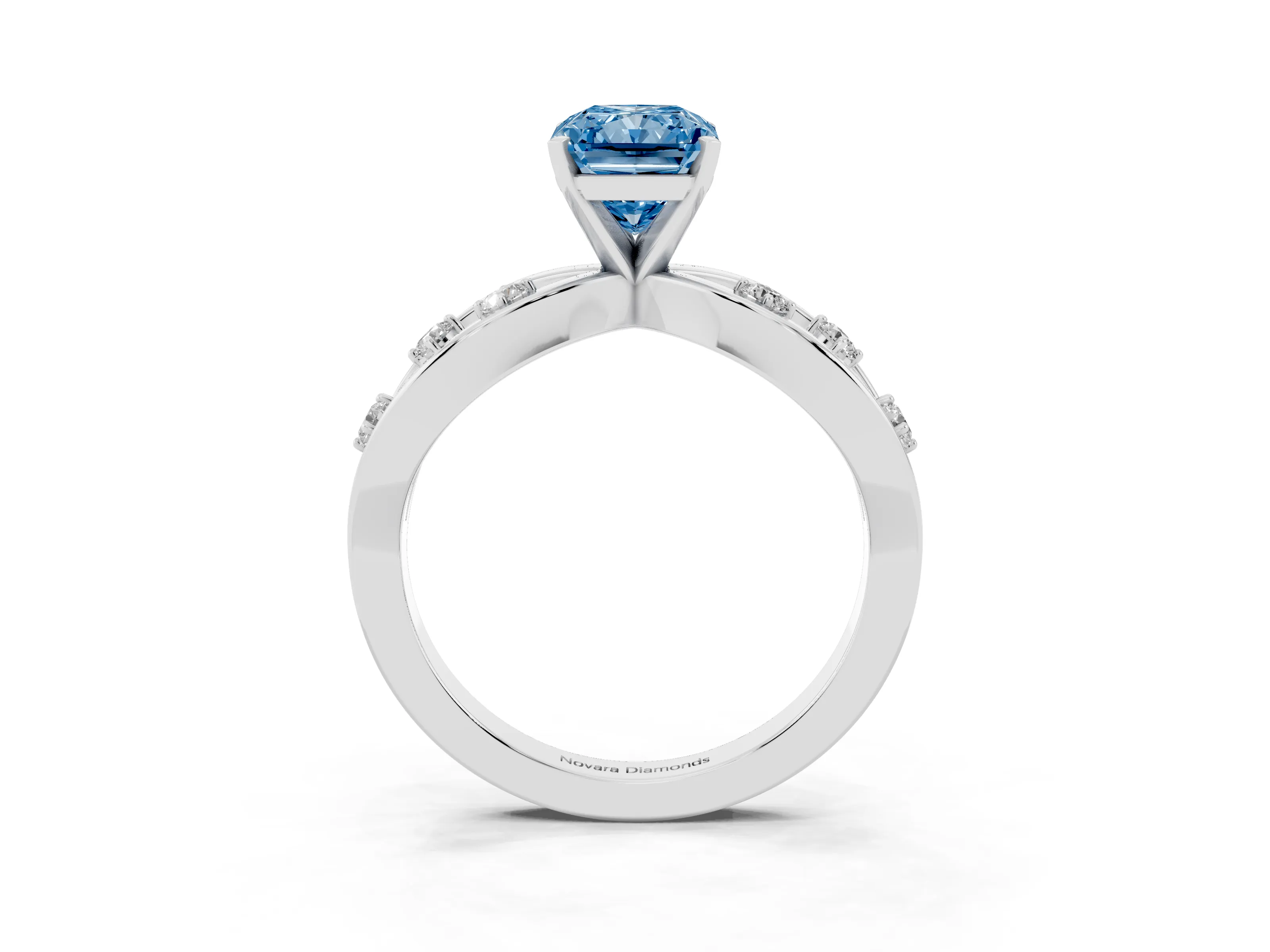 Fancy Blue Radiant Cut Diamond Solitaire Ring Set in Platinum with Side Stones on Criss-Cross Band and Prong Setting