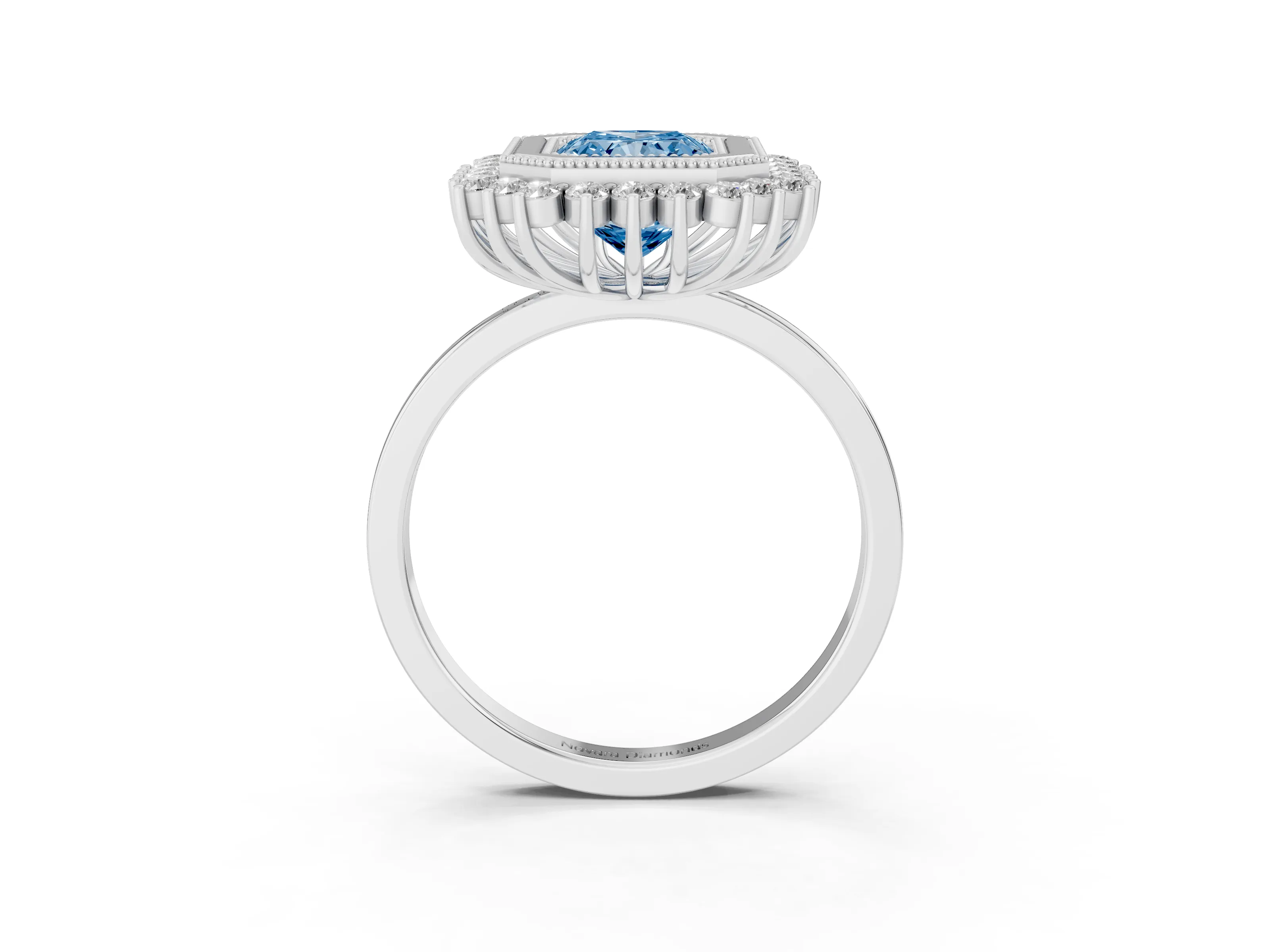 Fancy Blue Radiant Cut Diamond Halo Ring Set in Silver with Milgrain Edge and Round Prong Setting