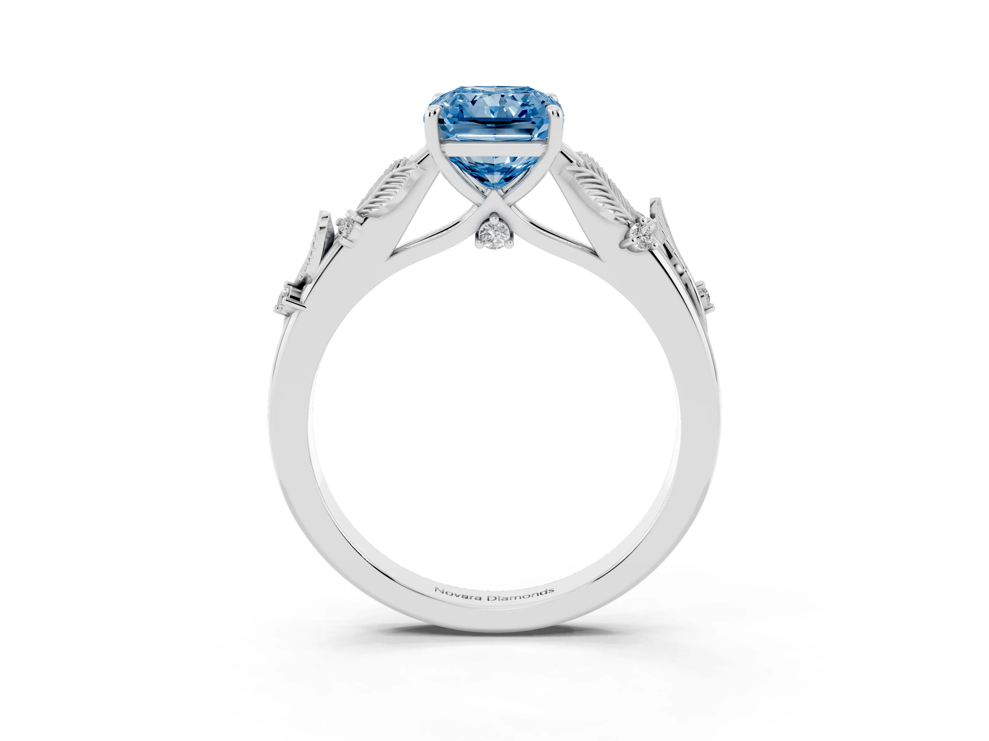 Fancy Blue Radiant Cut Diamond Solitaire Ring Set in White gold with Leaf Motif Band