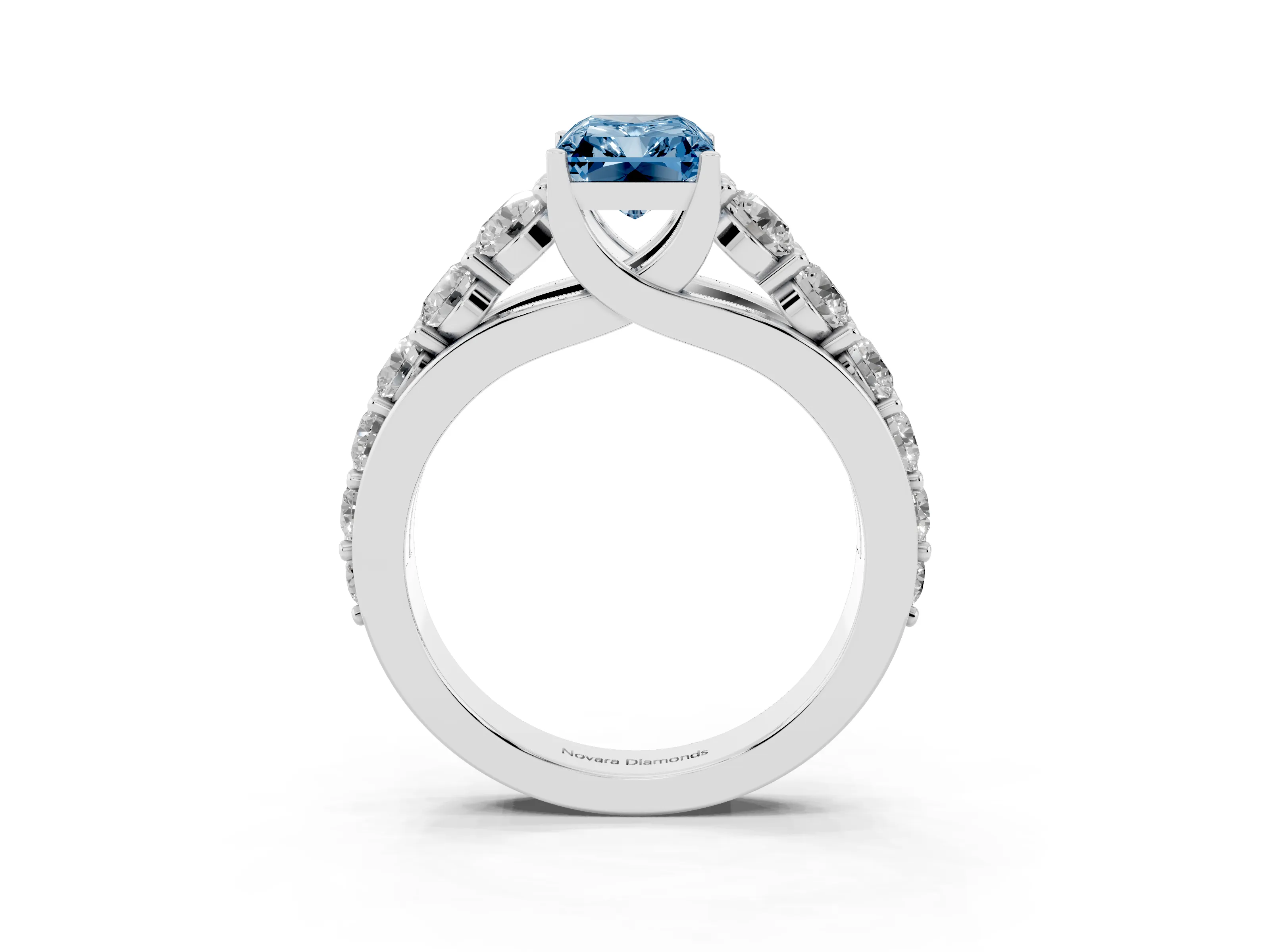 Fancy Blue Radiant Cut Diamond Pavé Engagement Ring Set in Silver with Prong Setting