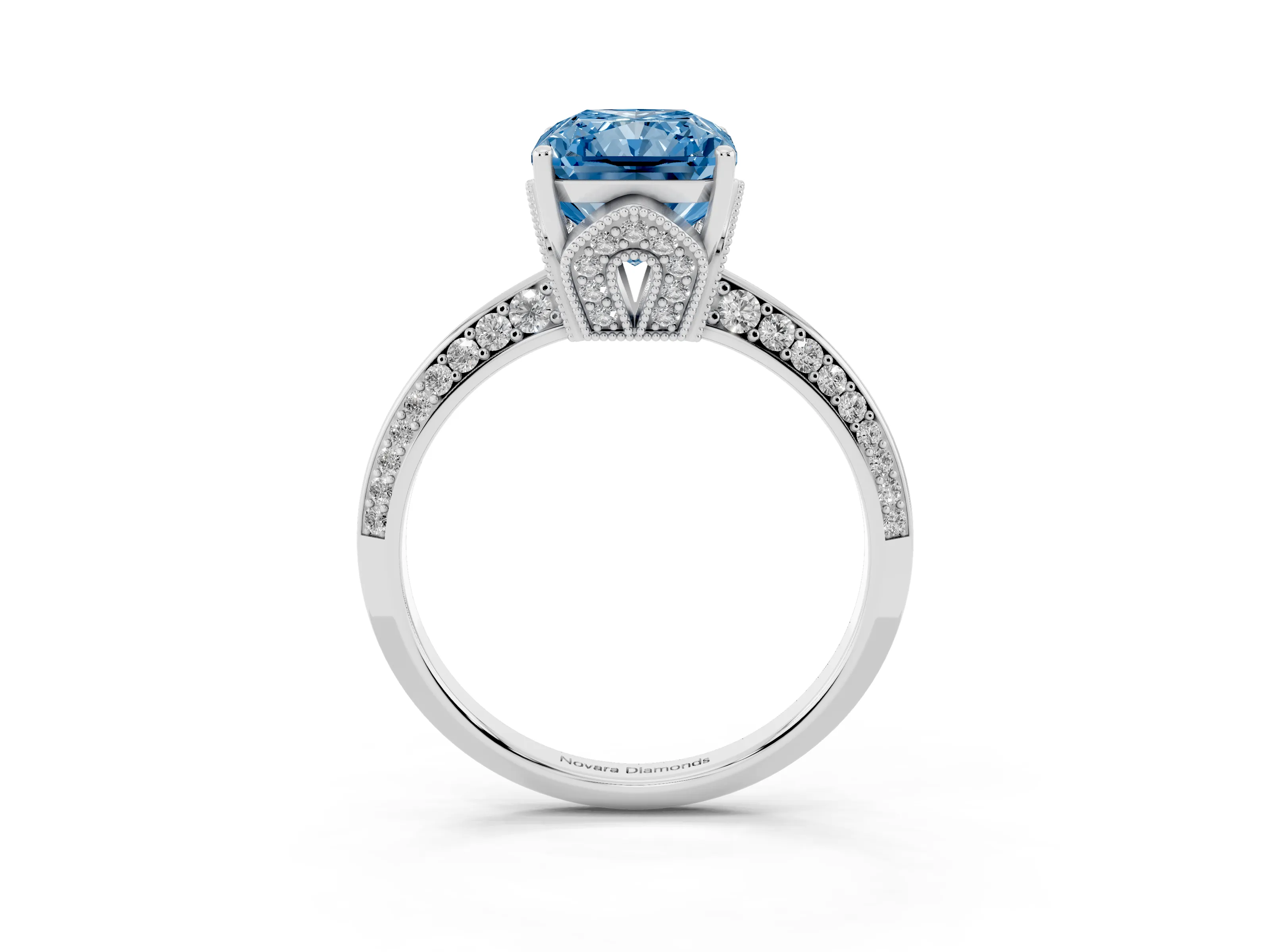 Fancy Blue Radiant Cut Diamond Solitaire Engagement Ring Set in Silver with Pavé Split Shank and Prong Setting