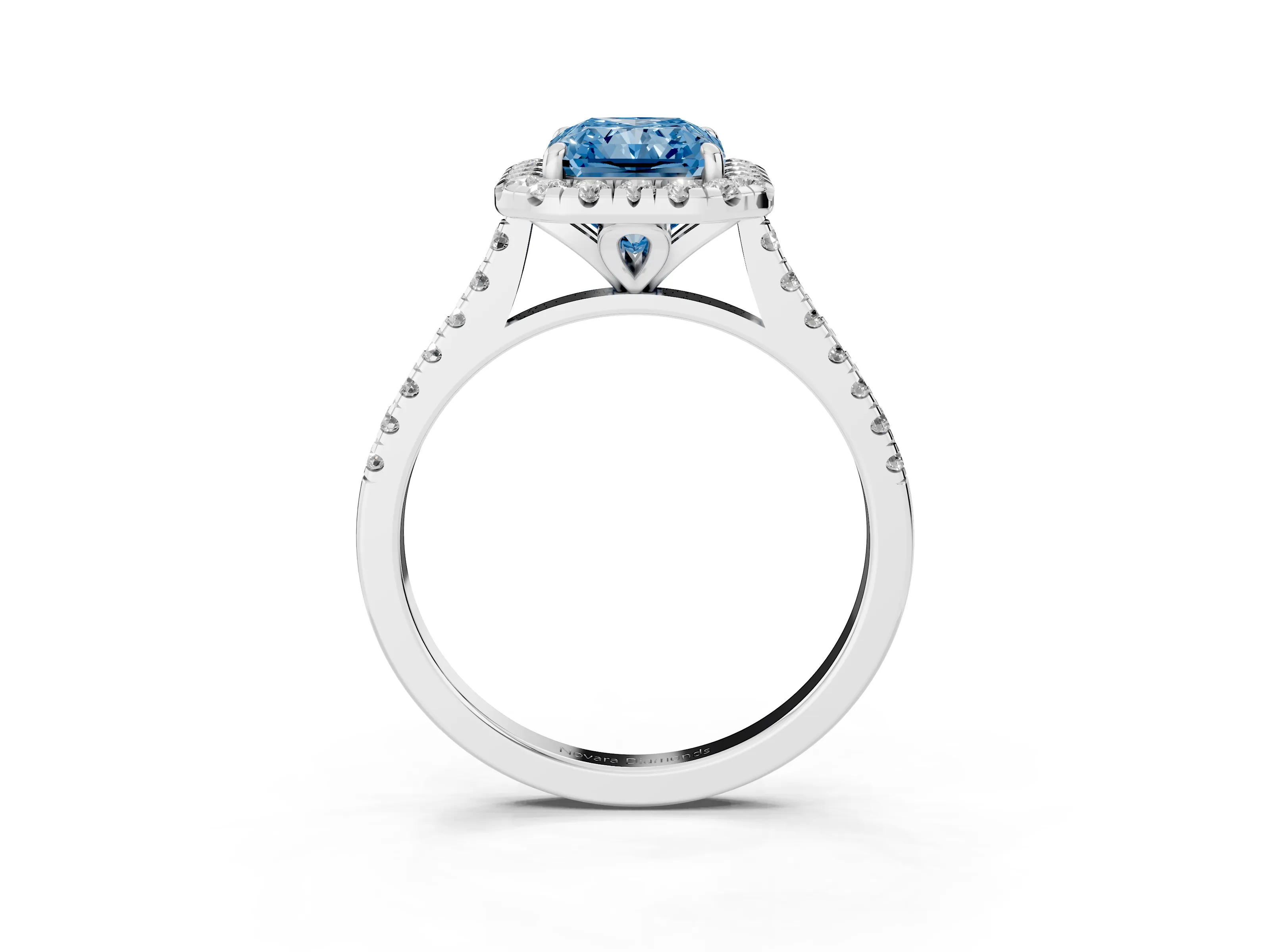 Fancy Blue Radiant Cut Diamond Cushion Halo Ring Set in White gold with Pavé Band