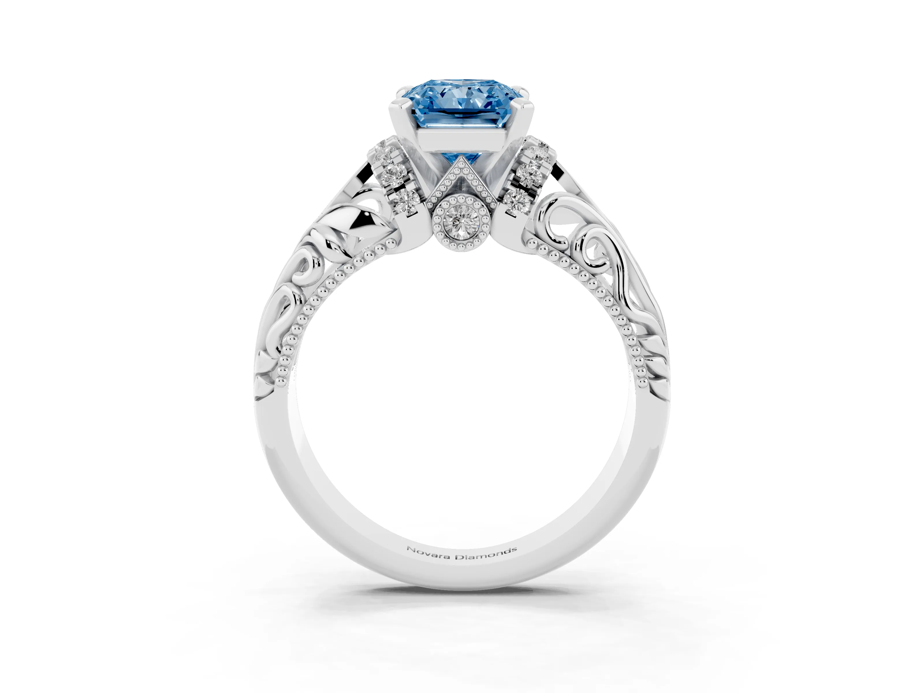 Fancy Blue Radiant Cut Diamond Filigree Halo Engagement Ring Set in Silver with Prong Setting