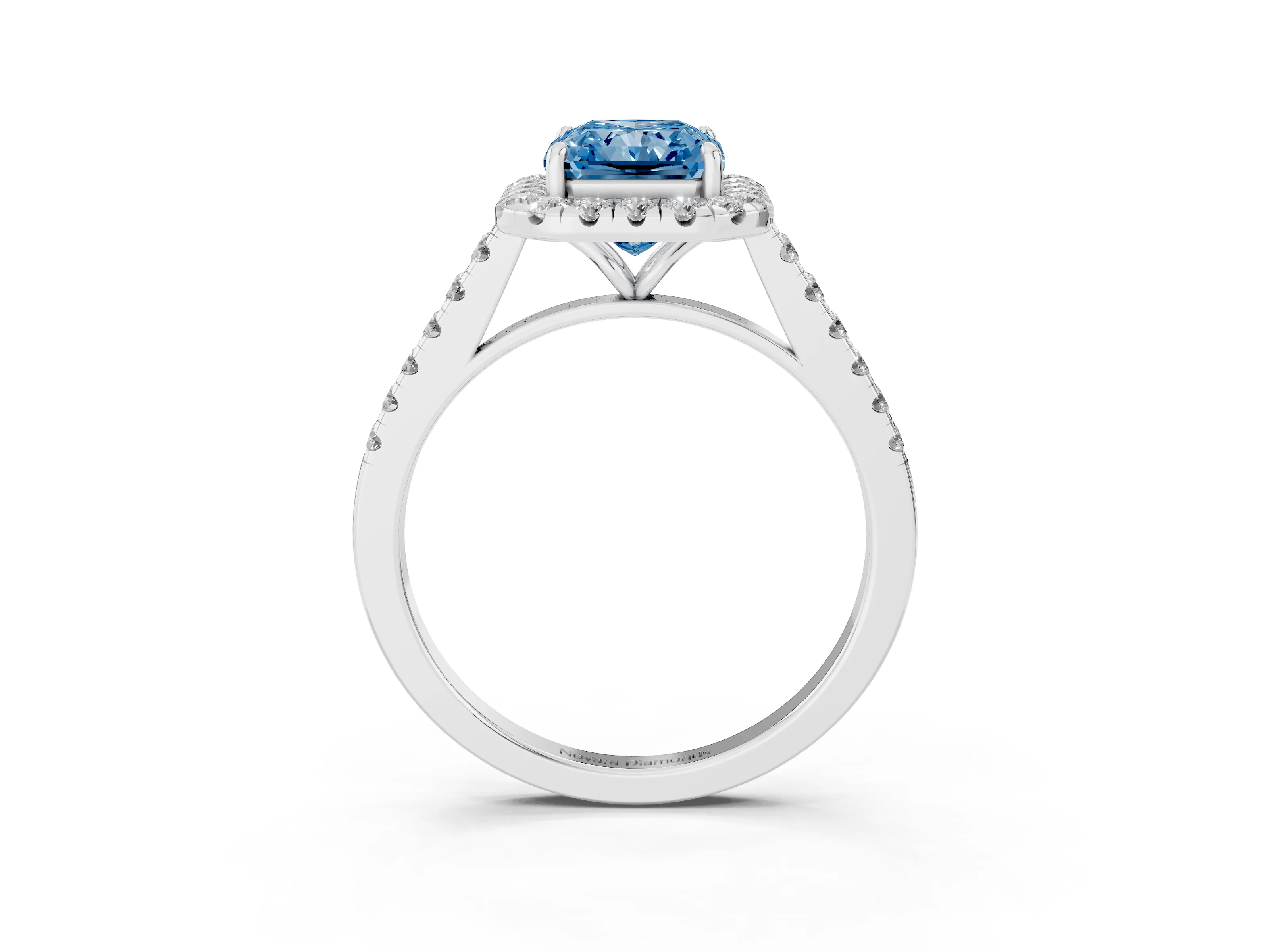 Fancy Blue Radiant Cut Diamond Halo Pavé Engagement Ring Set in Platinum with Prong Setting