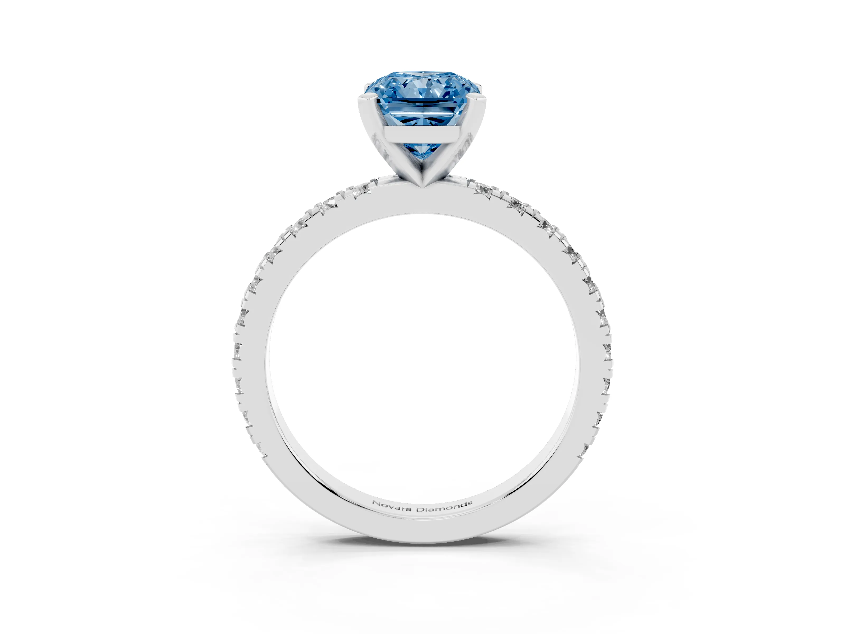 Fancy Blue Radiant Cut Diamond Pavé Band Solitaire Set in Silver with Prong Setting