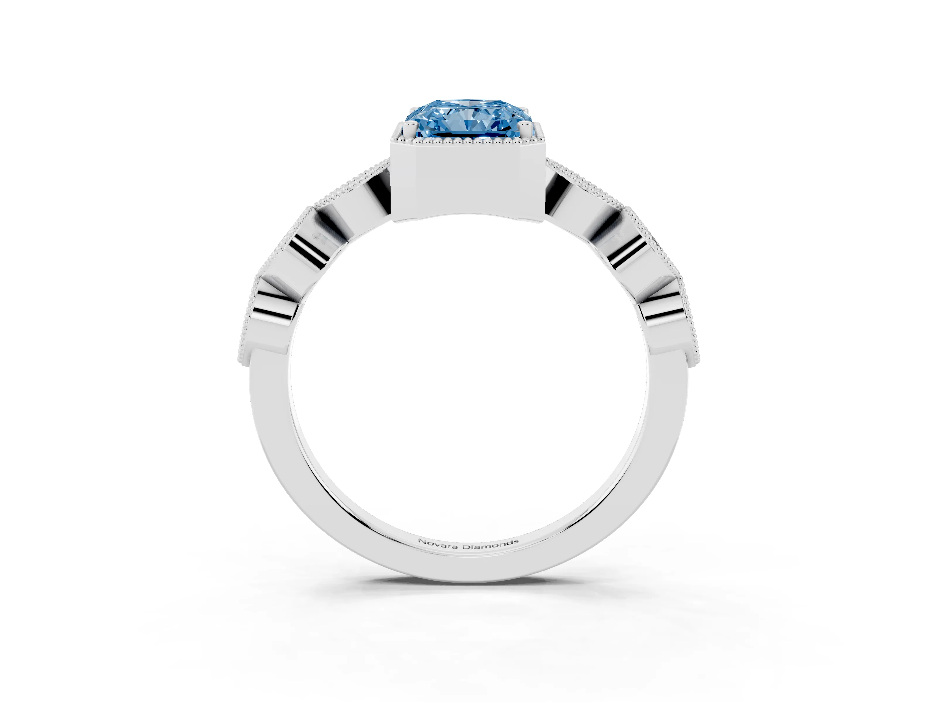 Fancy Blue Radiant Cut Diamond Vintage-Inspired Milgrain Ring Set in Platinum with Marquise Stations of Round Accents