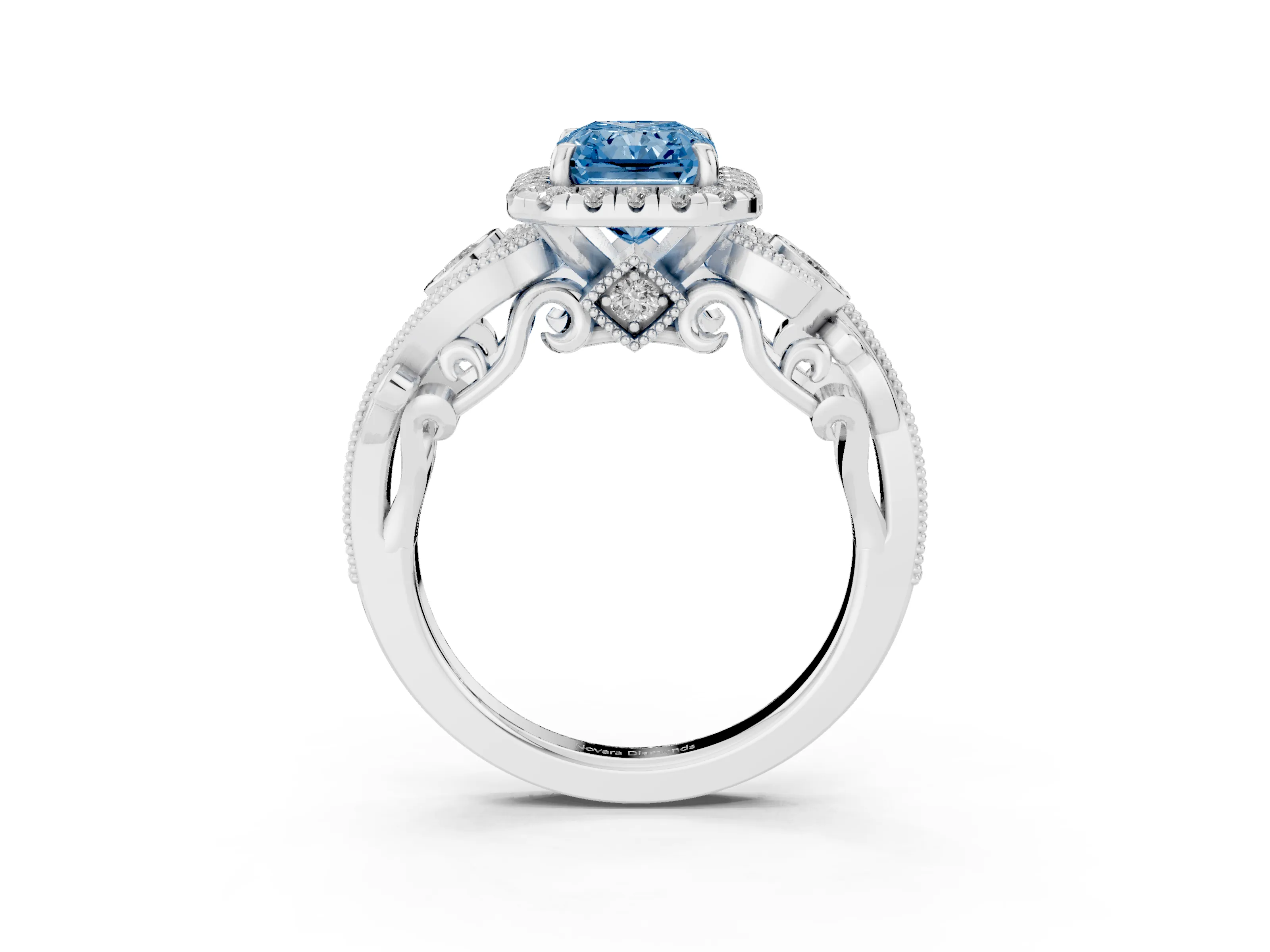 Fancy Blue Radiant Cut Diamond Halo Ring Set in Platinum with Milgrain Pavé Band and Prong Setting