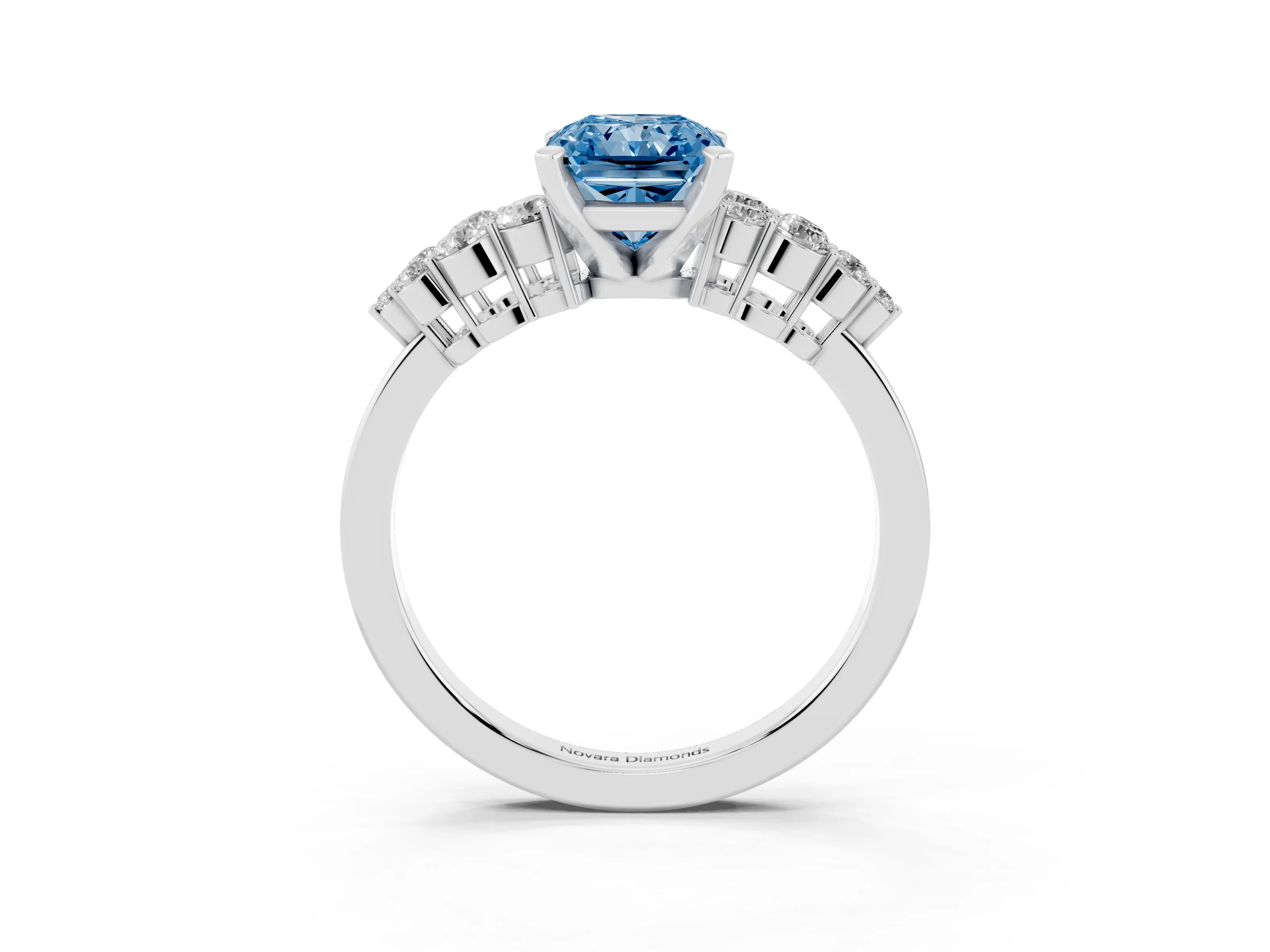 Fancy Blue Radiant Cut Diamond Cluster Engagement Ring Set in Silver with Pavé Band and Prong Setting