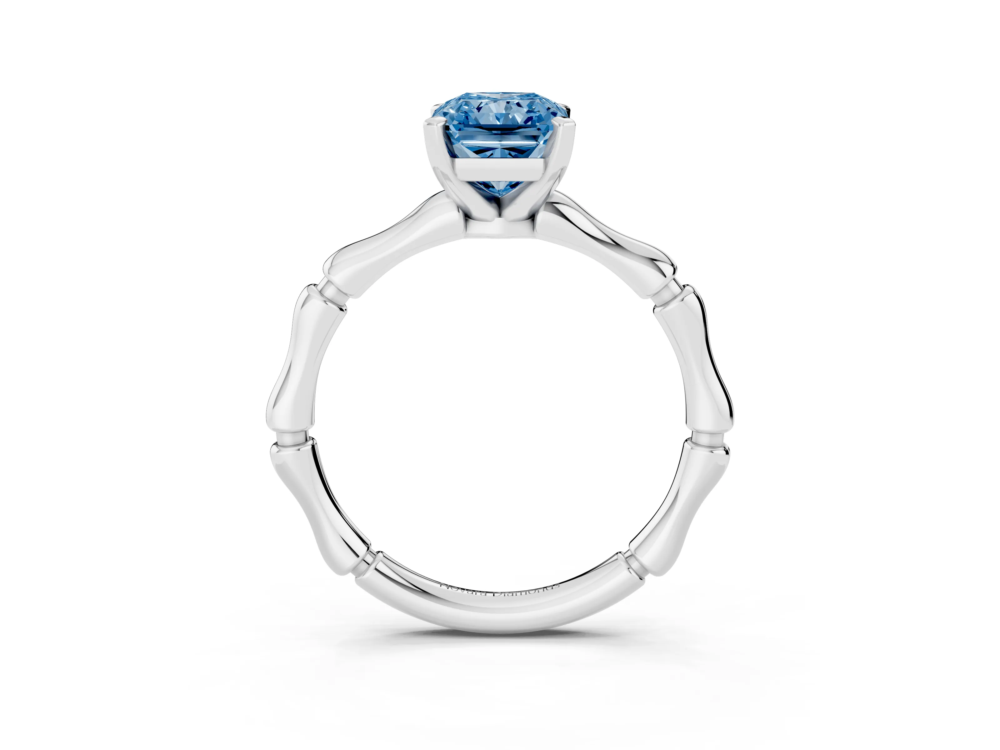 Fancy Blue Radiant Cut Diamond Solitaire Ring Set in White gold with Bamboo Band and Prong Setting