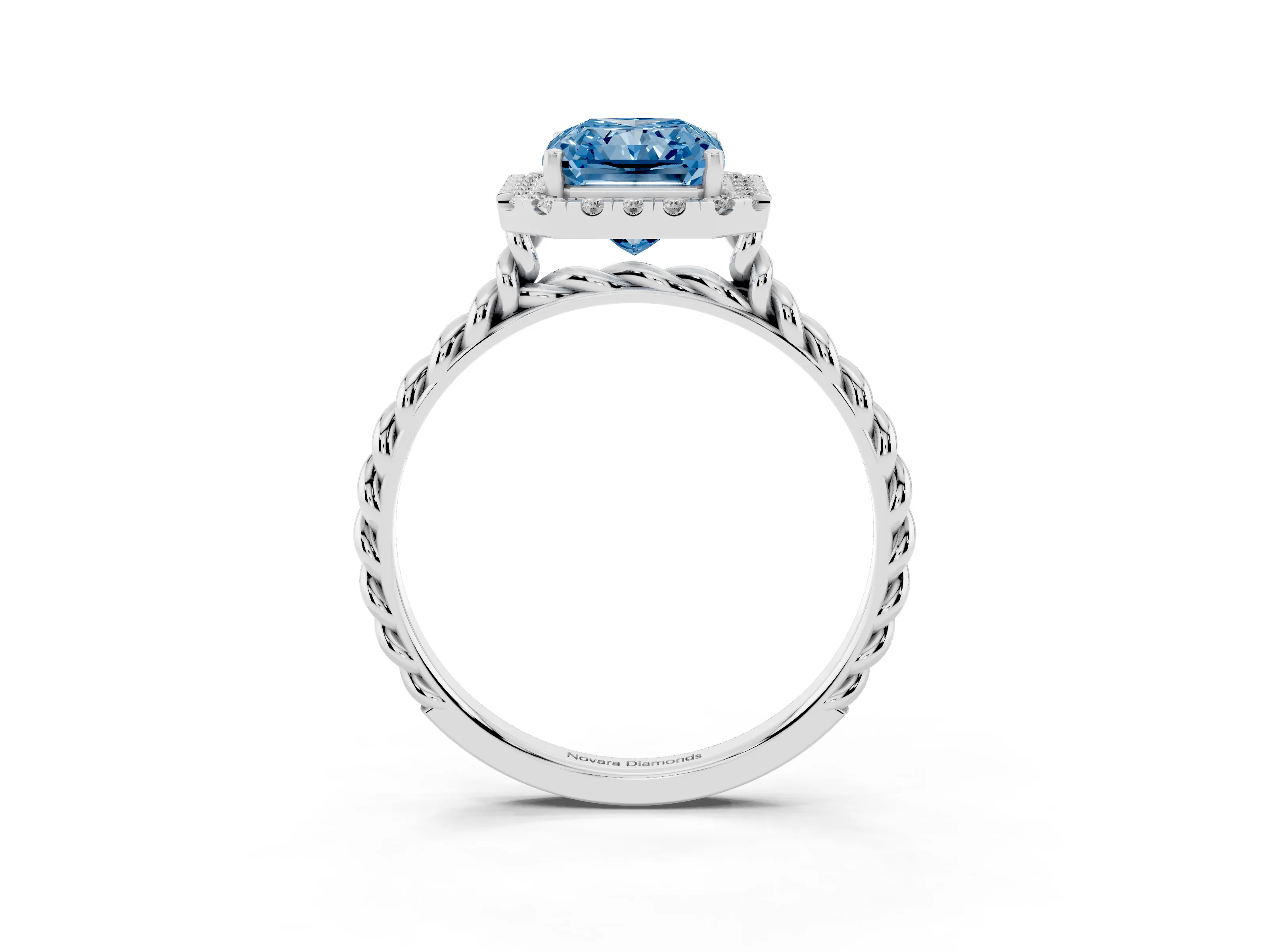 Fancy Blue Radiant Cut Diamond Halo Ring Set in Silver with Plain Twisted Band