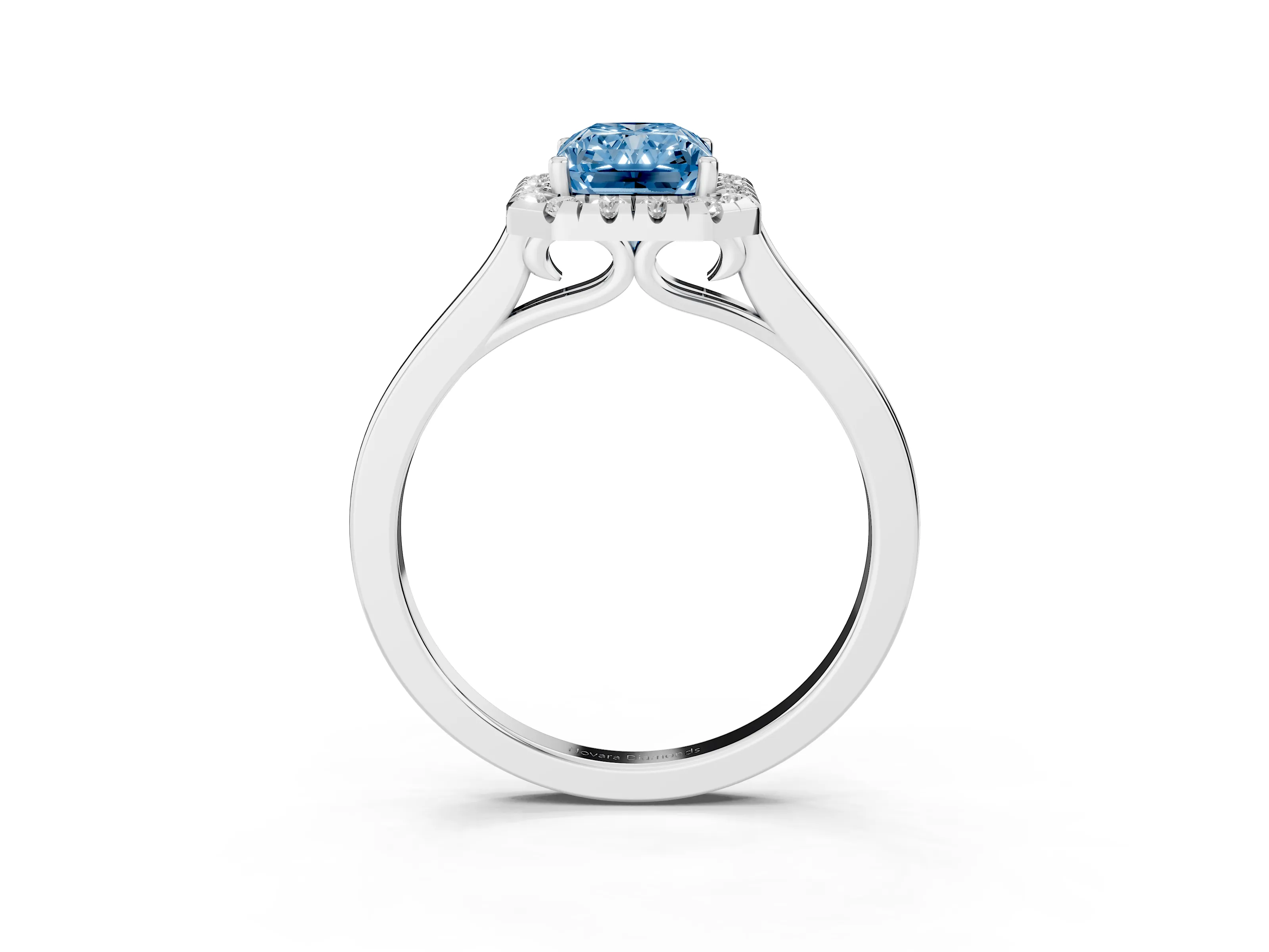 Fancy Blue Radiant Cut Halo Round Diamond Solitaire Ring Set in Silver with Pavé Band and Prong Setting