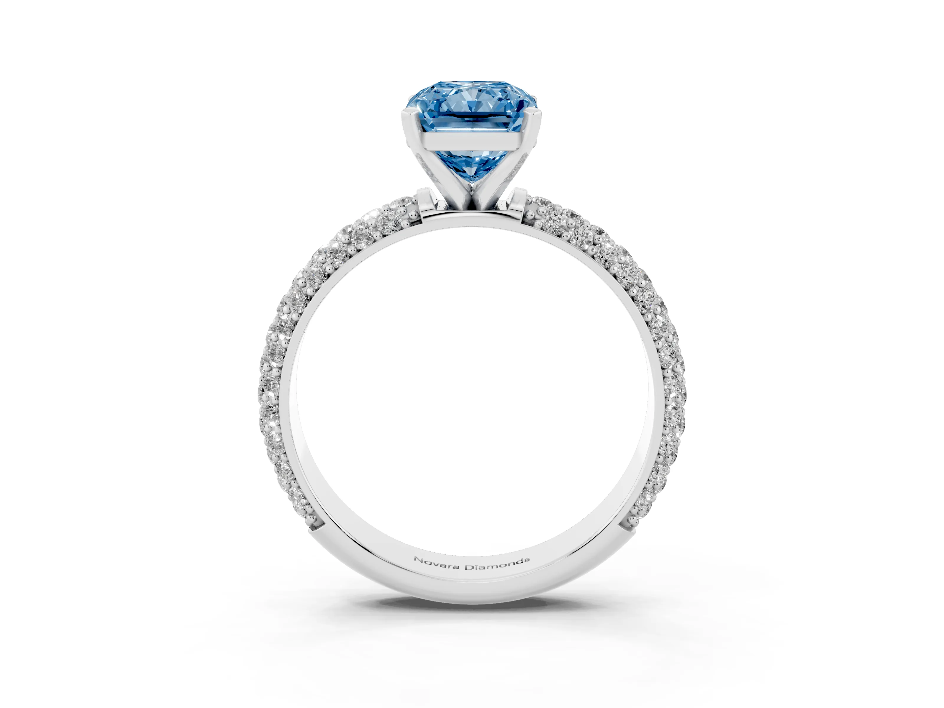 Fancy Blue Radiant Cut Diamond Solitaire Ring Set in Platinum with Prong Setting and Pavé-Set Band