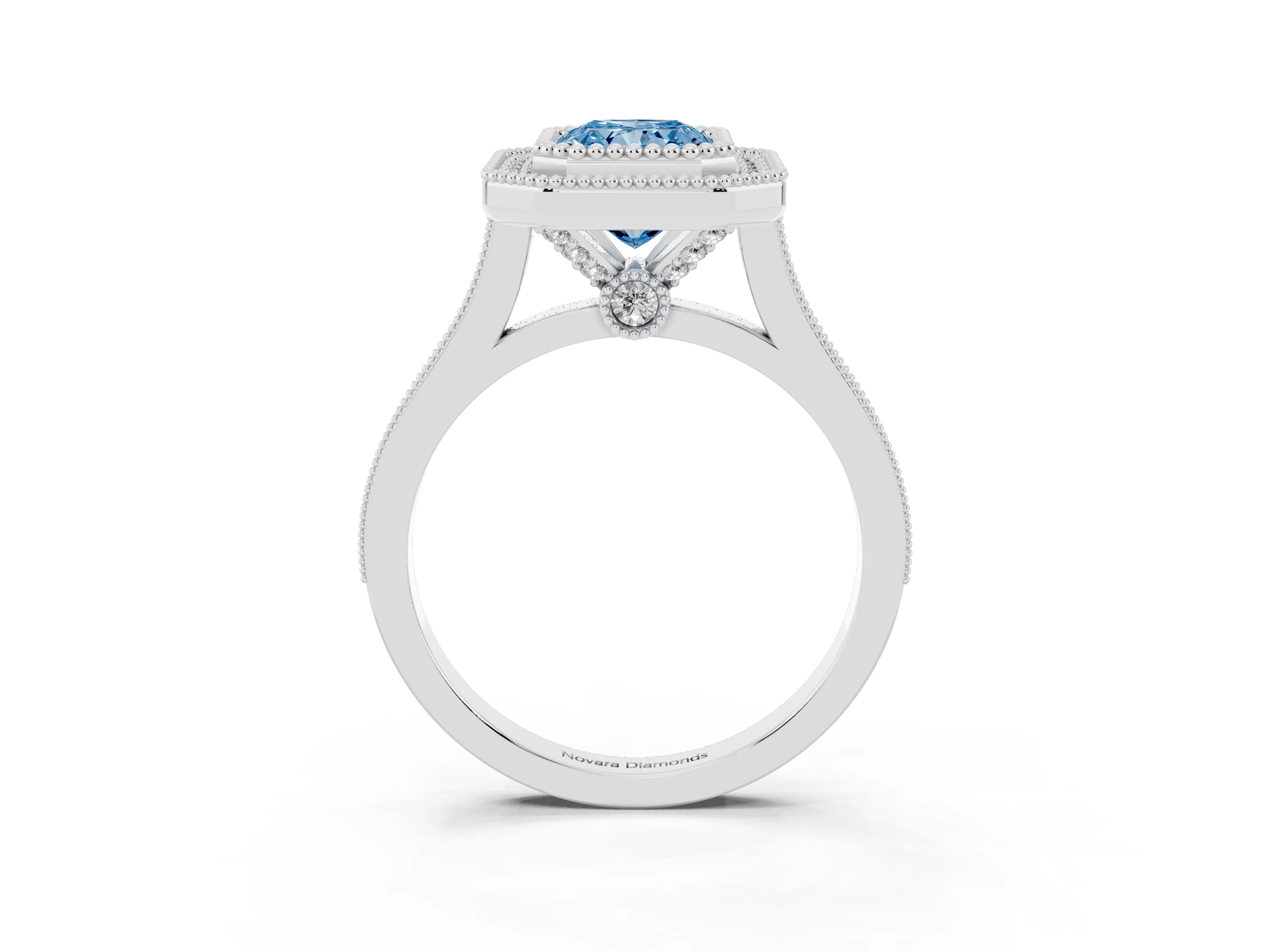 Fancy Blue Radiant Cut Diamond Halo Ring Set in White gold with Milgrain Frame and Pavé Band