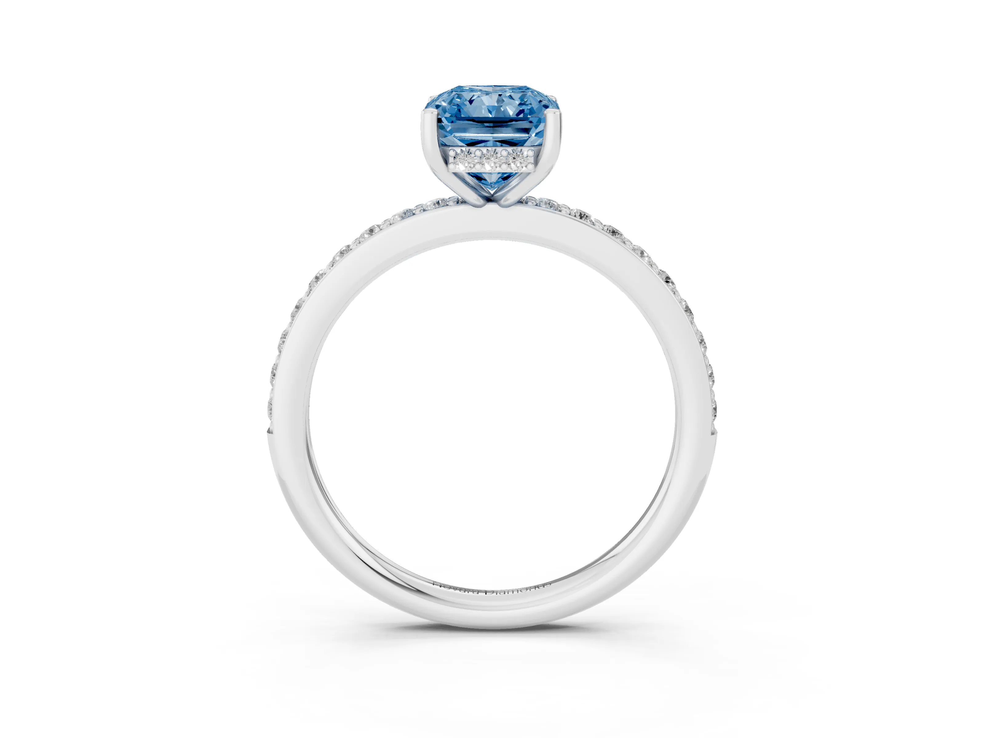 Fancy Blue Radiant Cut Diamond Pavé Band Ring Set in Silver with Prong-Set Center Stone