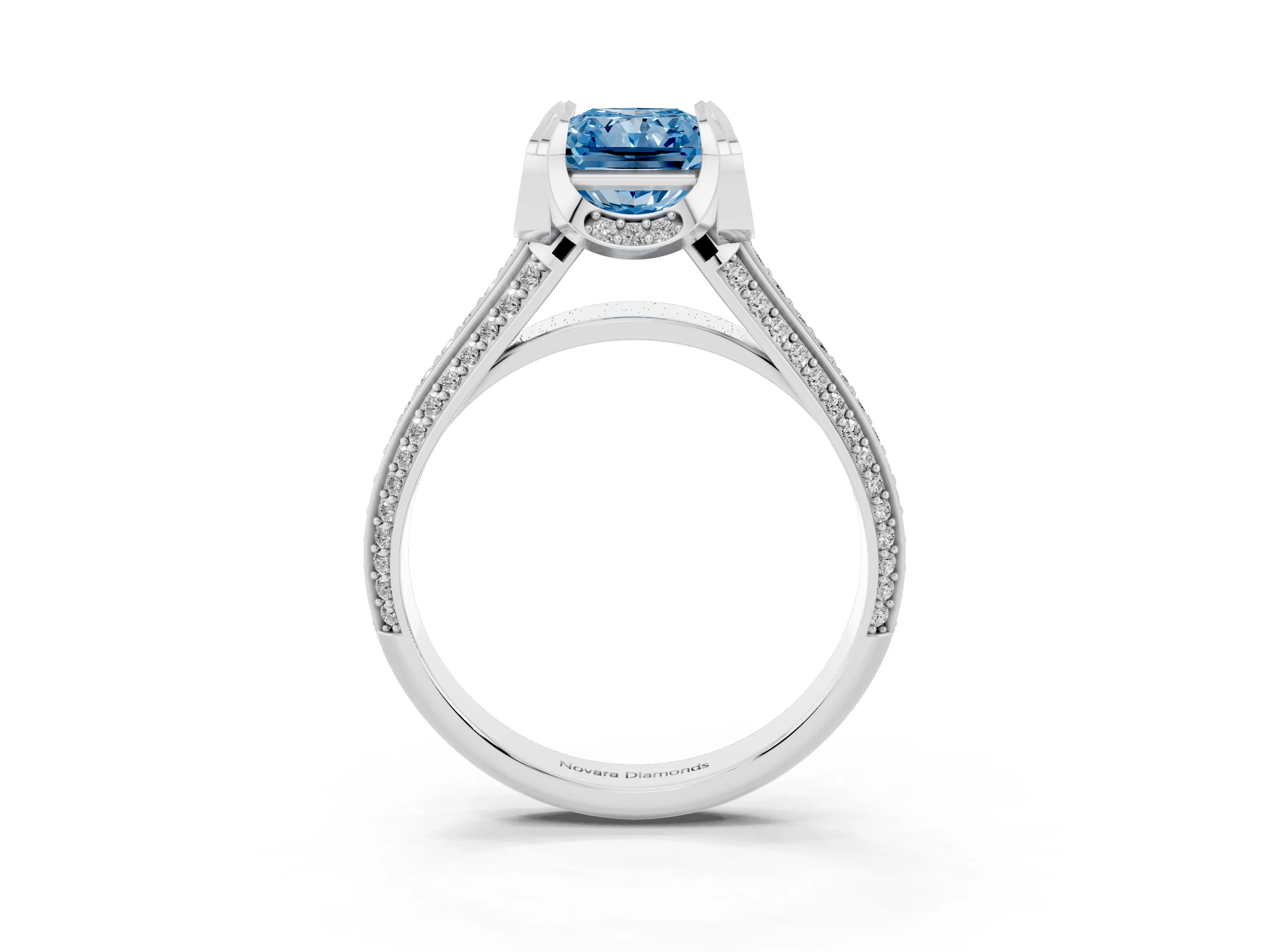 Fancy Blue Radiant Cut Diamond Pavé Split Shank Solitaire Ring Set in Silver with Prong Setting
