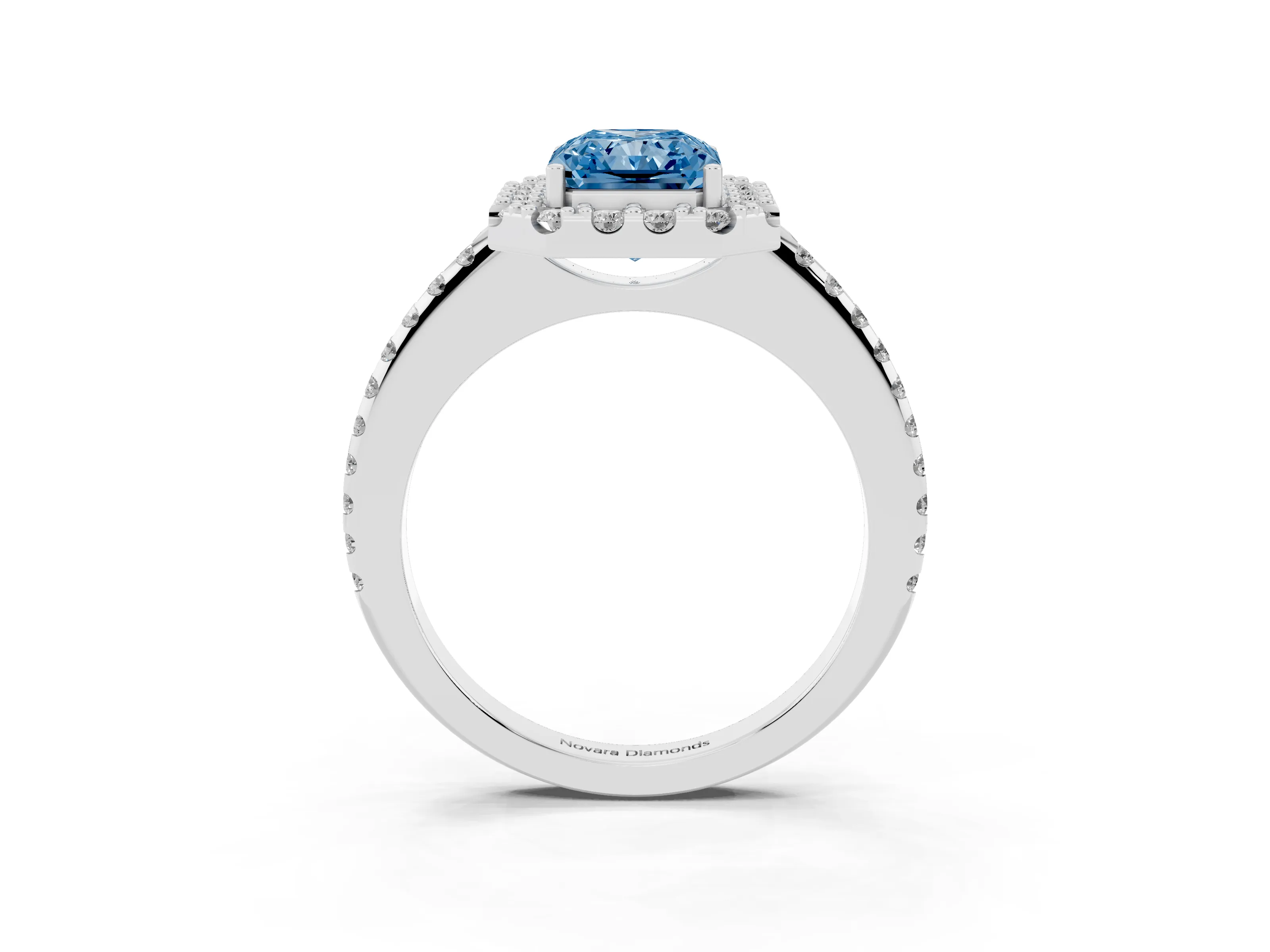 Fancy Blue Radiant Cut Diamond Pavé Halo Ring Set in Silver with Prong Setting