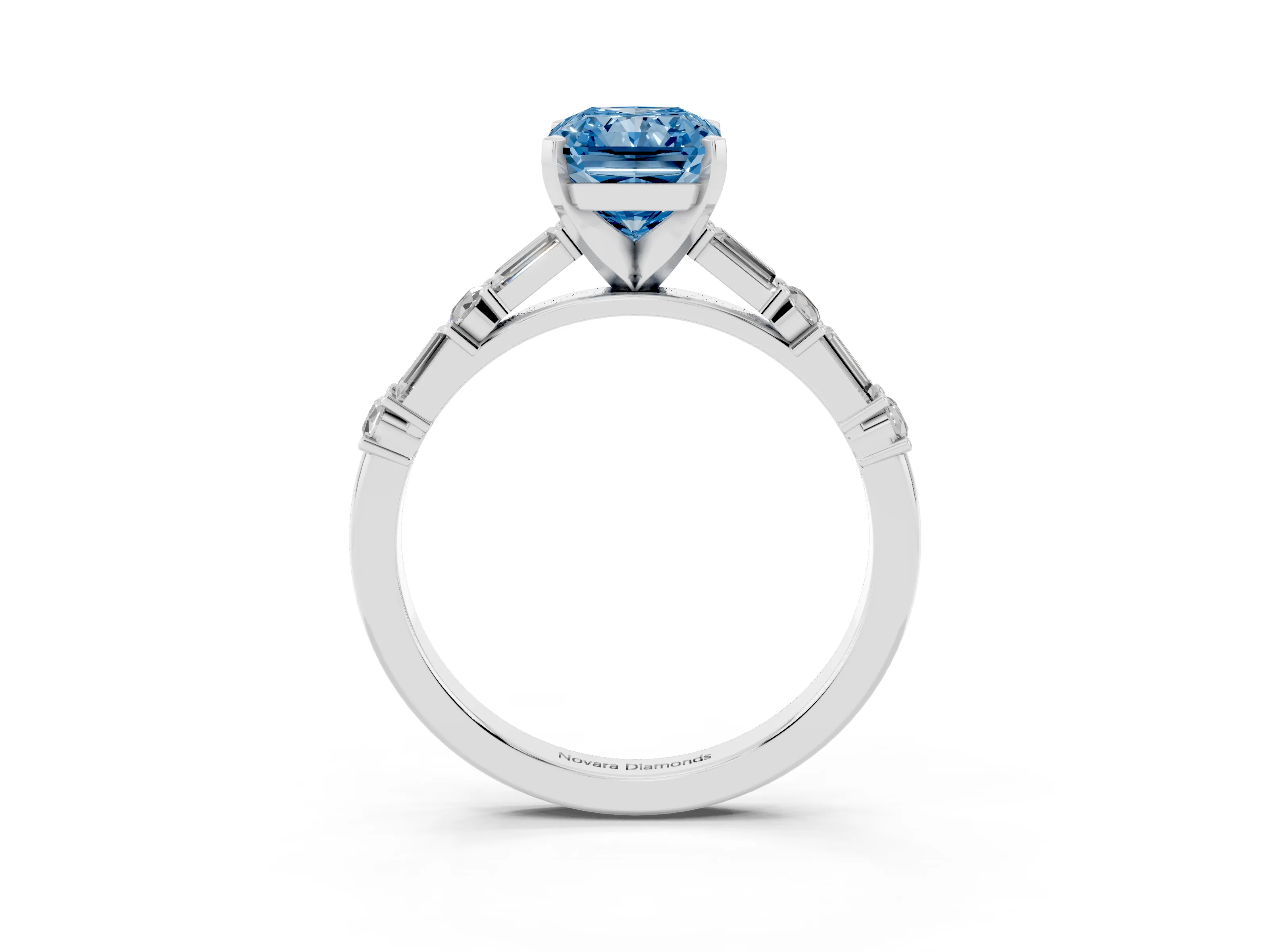Fancy Blue Radiant Cut Diamond Solitaire Set in Platinum with Side Baguettes and Channel Set Band