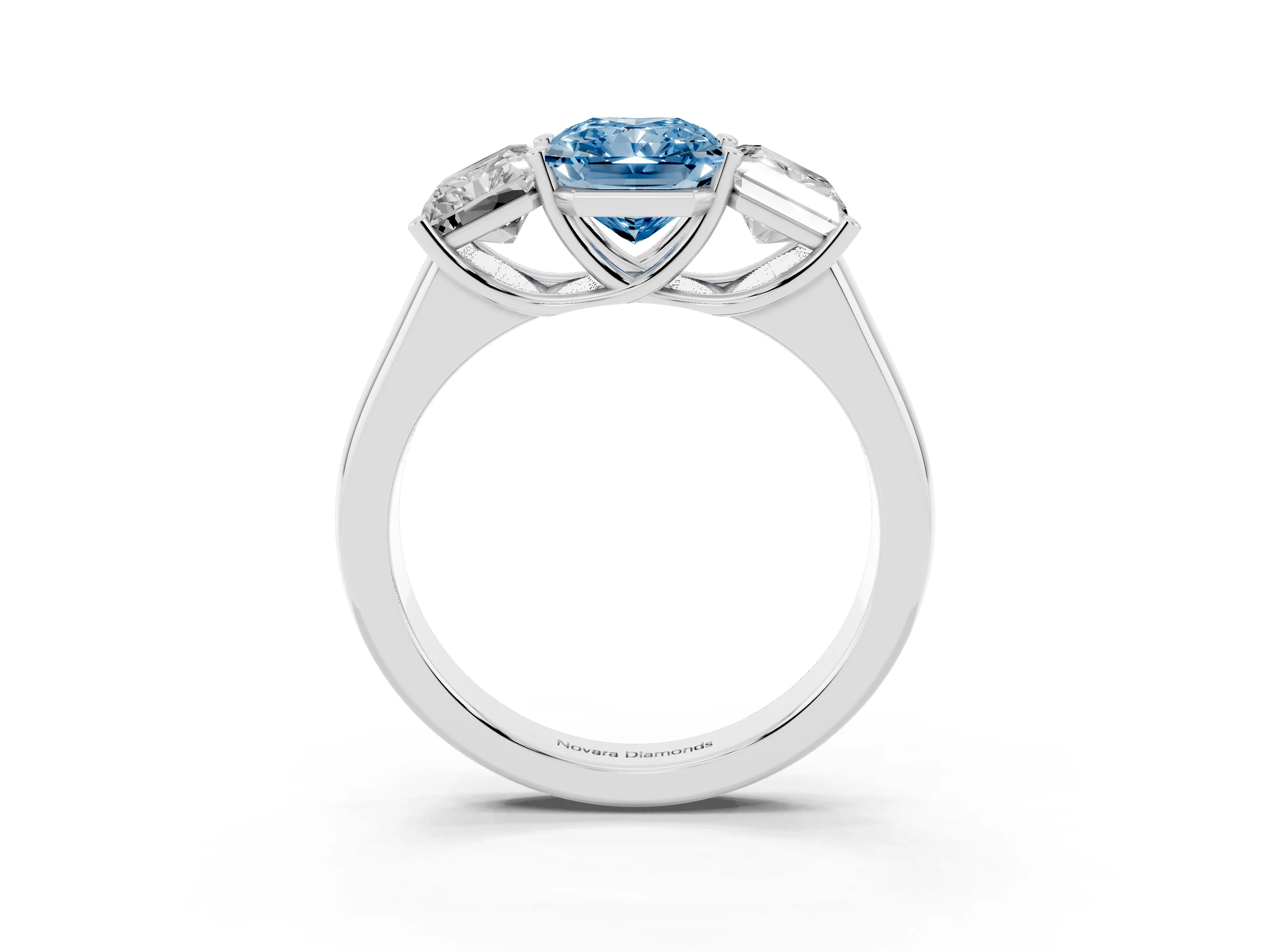 Fancy Blue Radiant Cut Diamond Three-Stone Ring Set in White gold with Plain Polished Band
