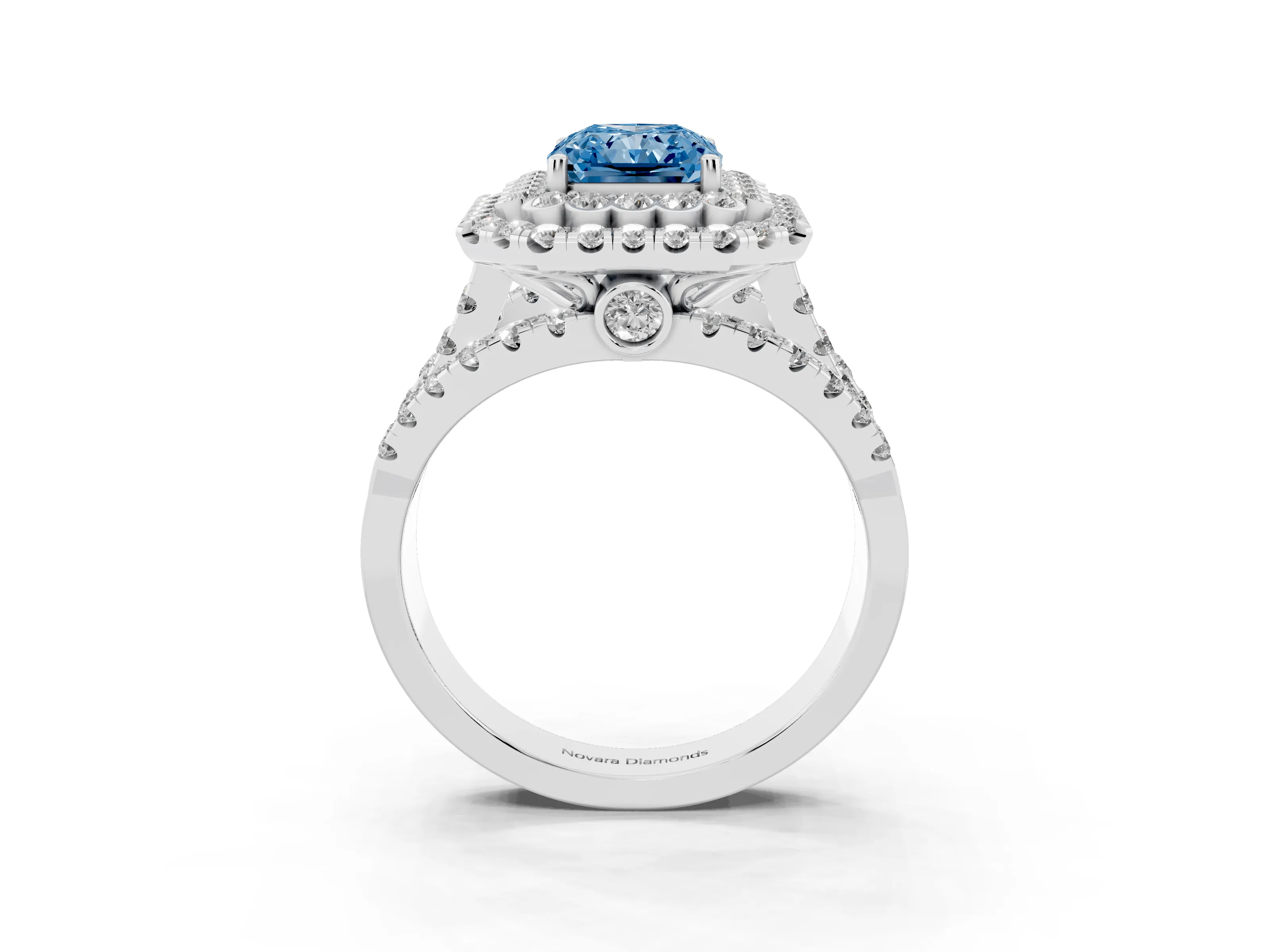 Fancy Blue Radiant Cut Diamond Double Halo Ring Set in White gold with Round Pavé Split Shank