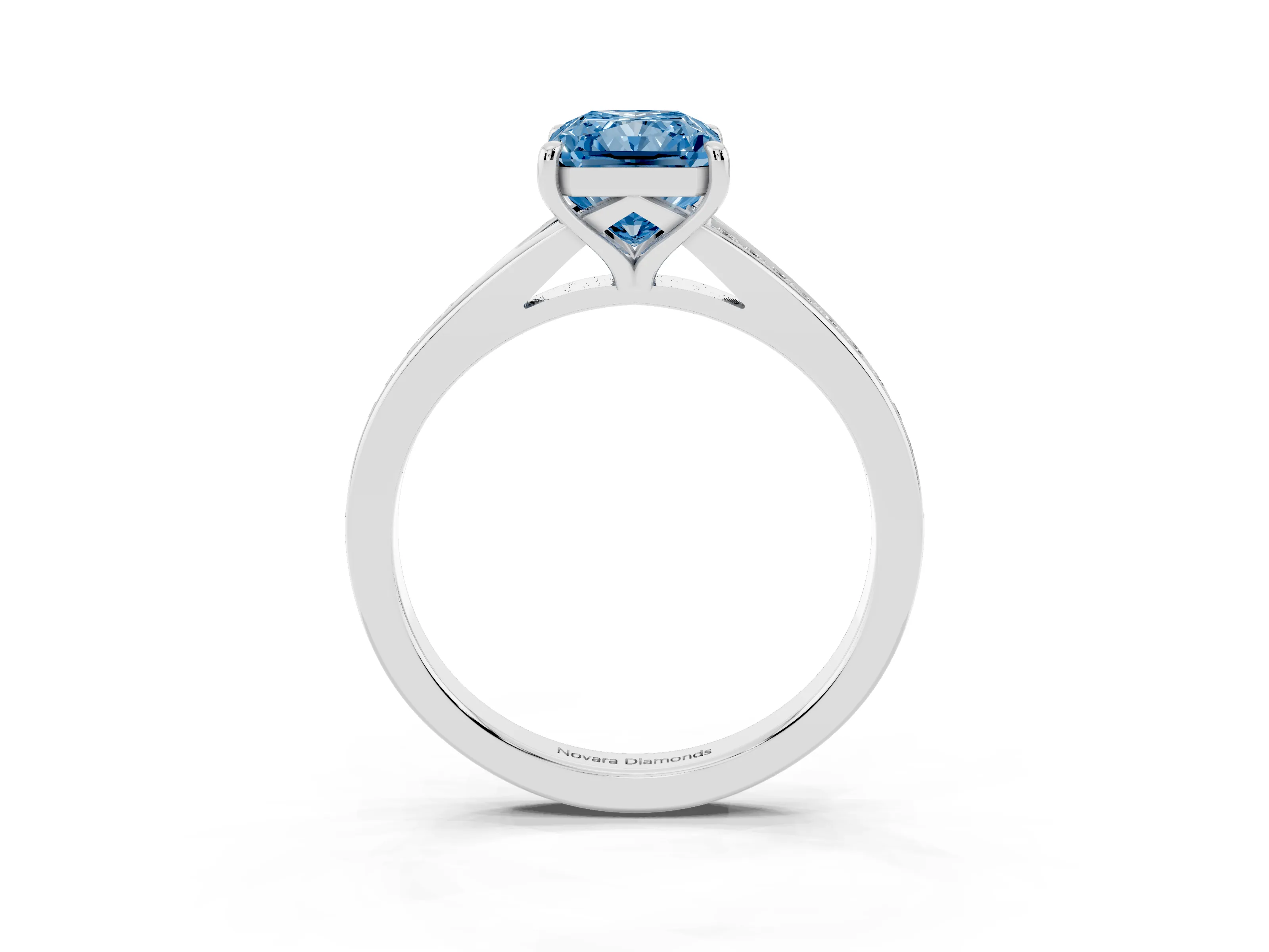 Fancy Blue Radiant Cut Diamond Solitaire Ring Set in Platinum with Pavé Accent Band and Classic Prong Setting