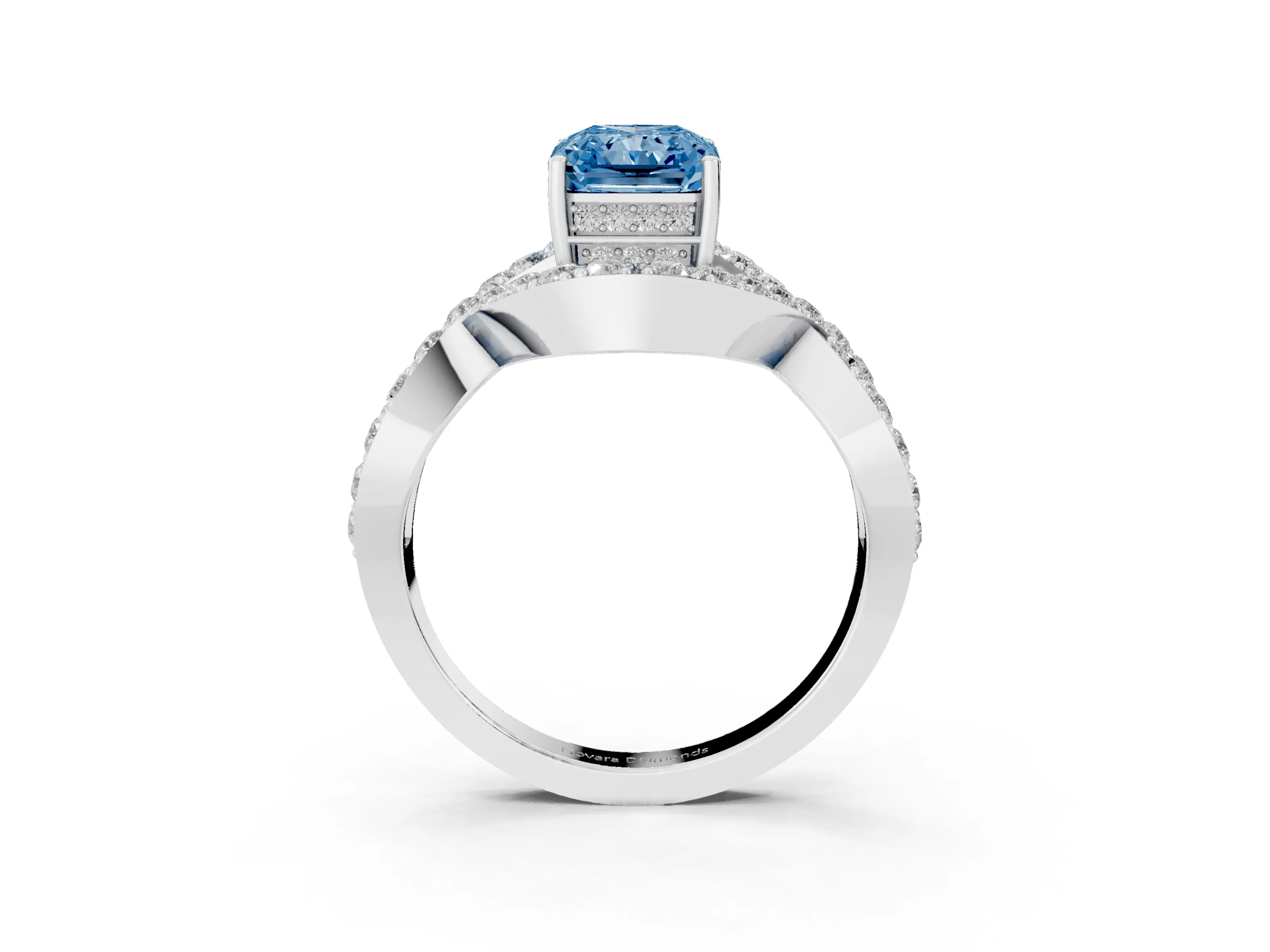 Fancy Blue Radiant Cut Diamond Solitaire Twist Band Pavé Engagement Ring Set in Platinum