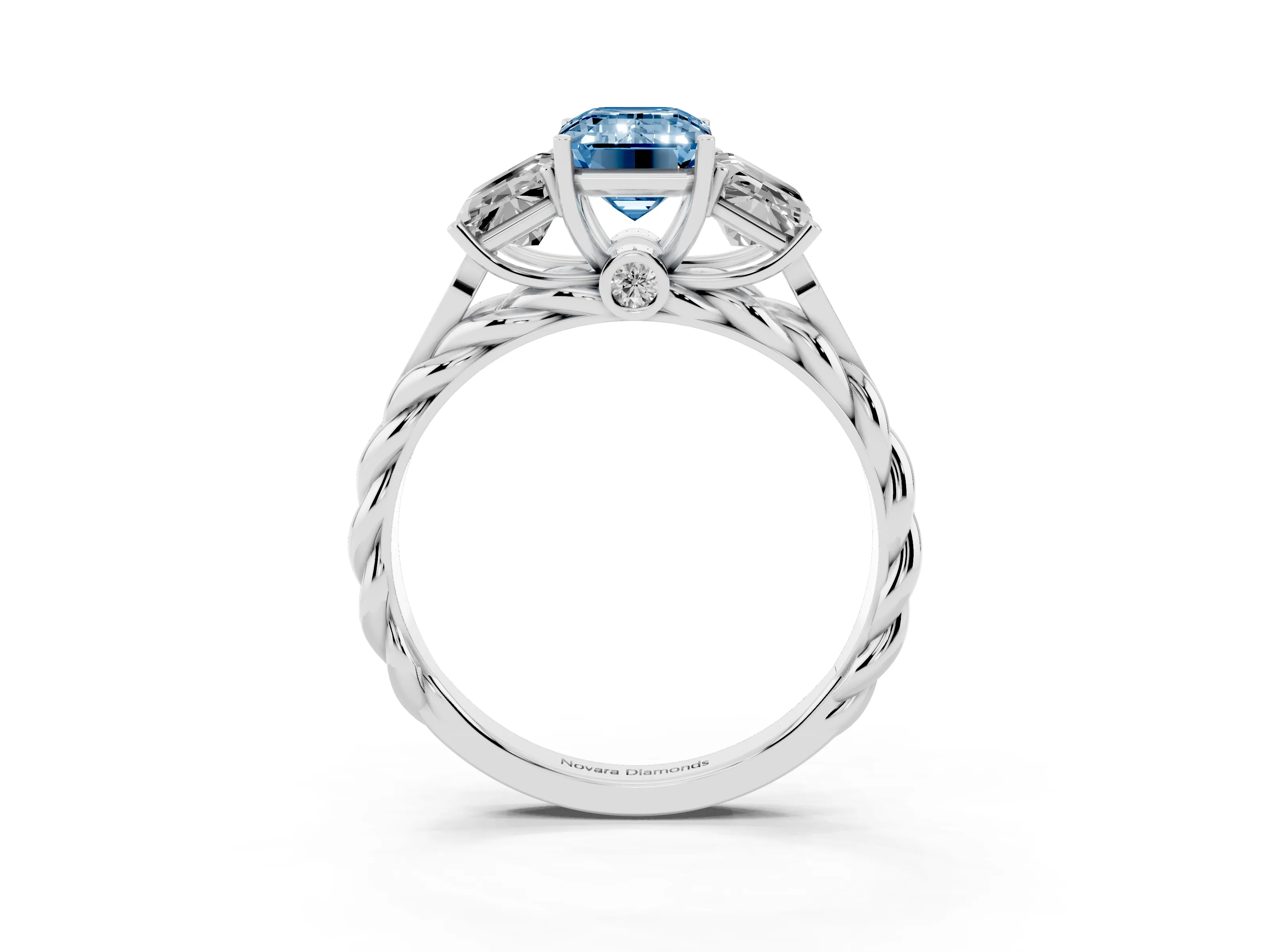 Fancy Blue Radiant Cut Diamond Three-Stone Ring Set in Silver with Braided Band