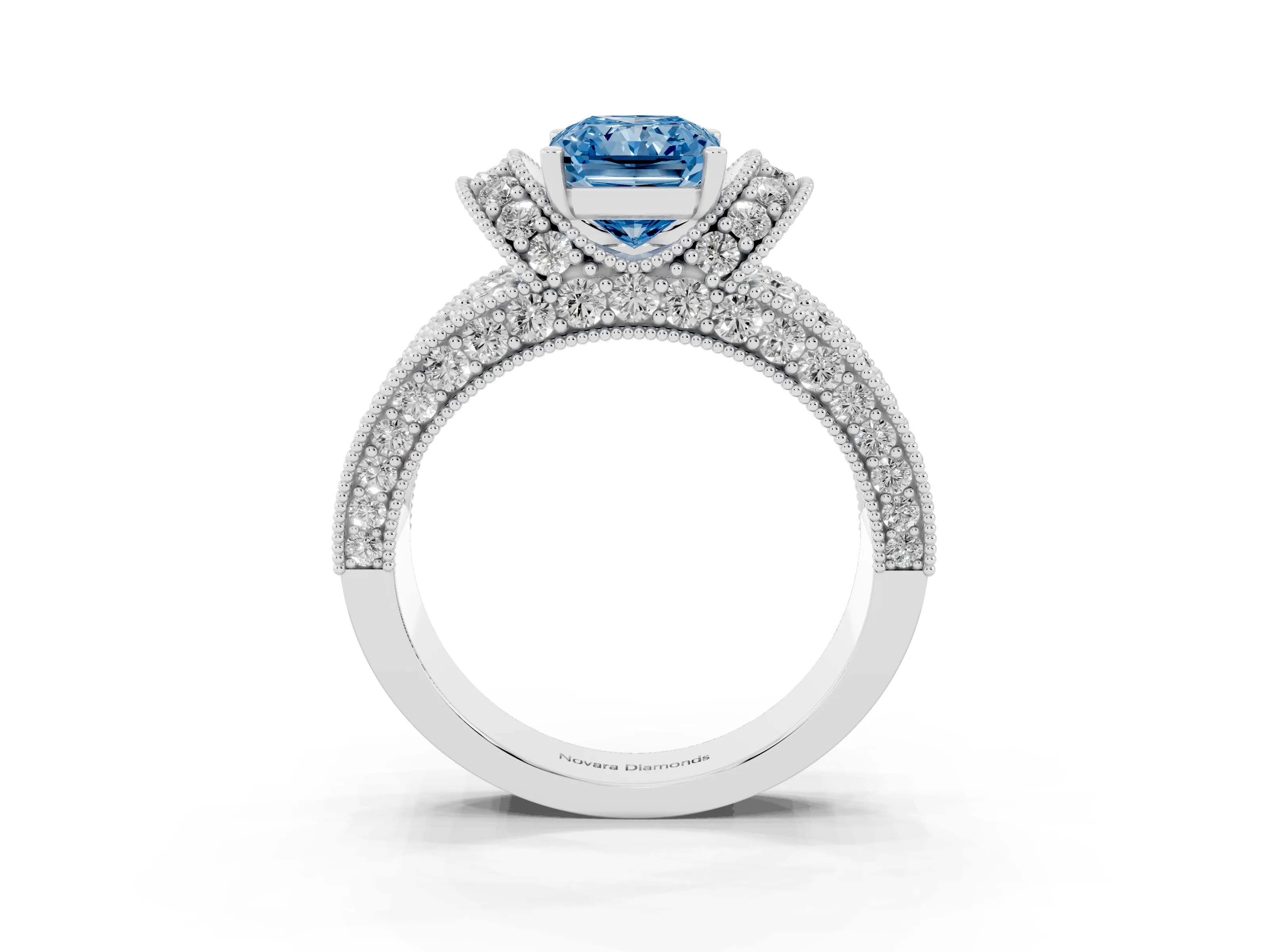 Fancy Blue Radiant Cut Diamond Milgrain Halo Pavé Engagement Ring Set in Platinum with Prong Setting