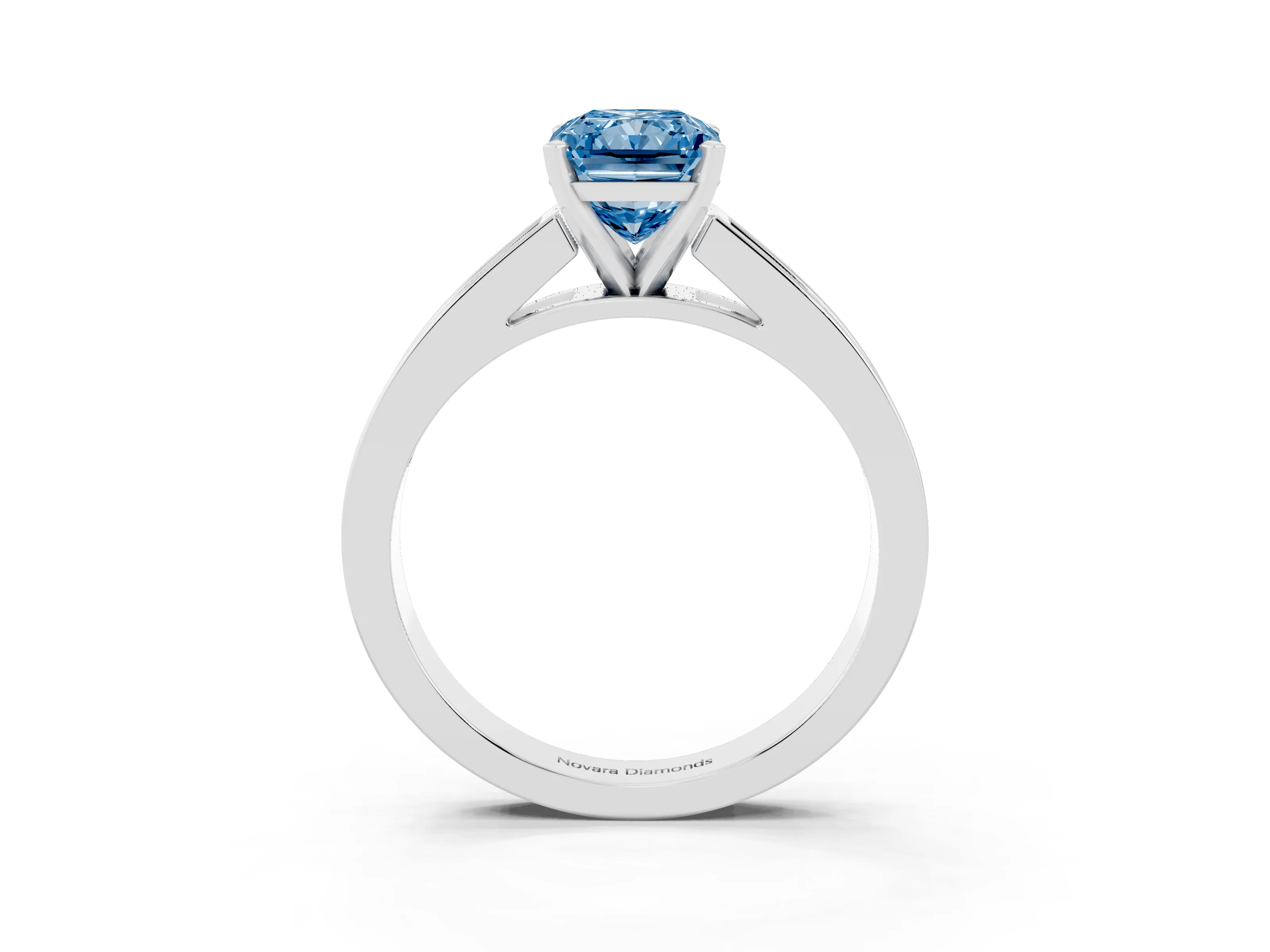Fancy Blue Radiant Cut Diamond Solitaire Ring Set in Silver with Channel-Set Band and Prong Setting