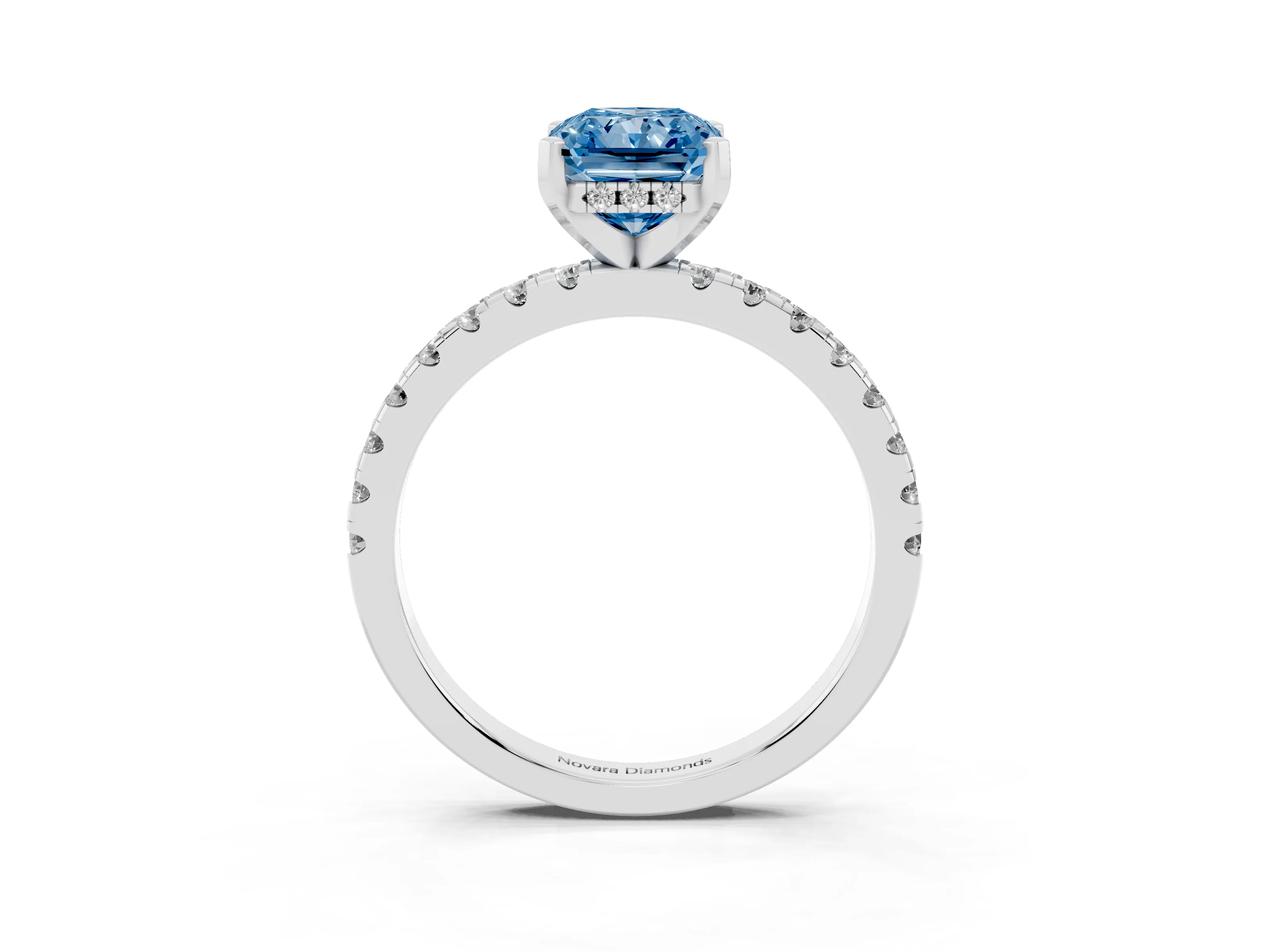 Fancy Blue Radiant Cut Diamond Pavé Solitaire Ring Set in Silver with Round Band Accents and Prong Setting